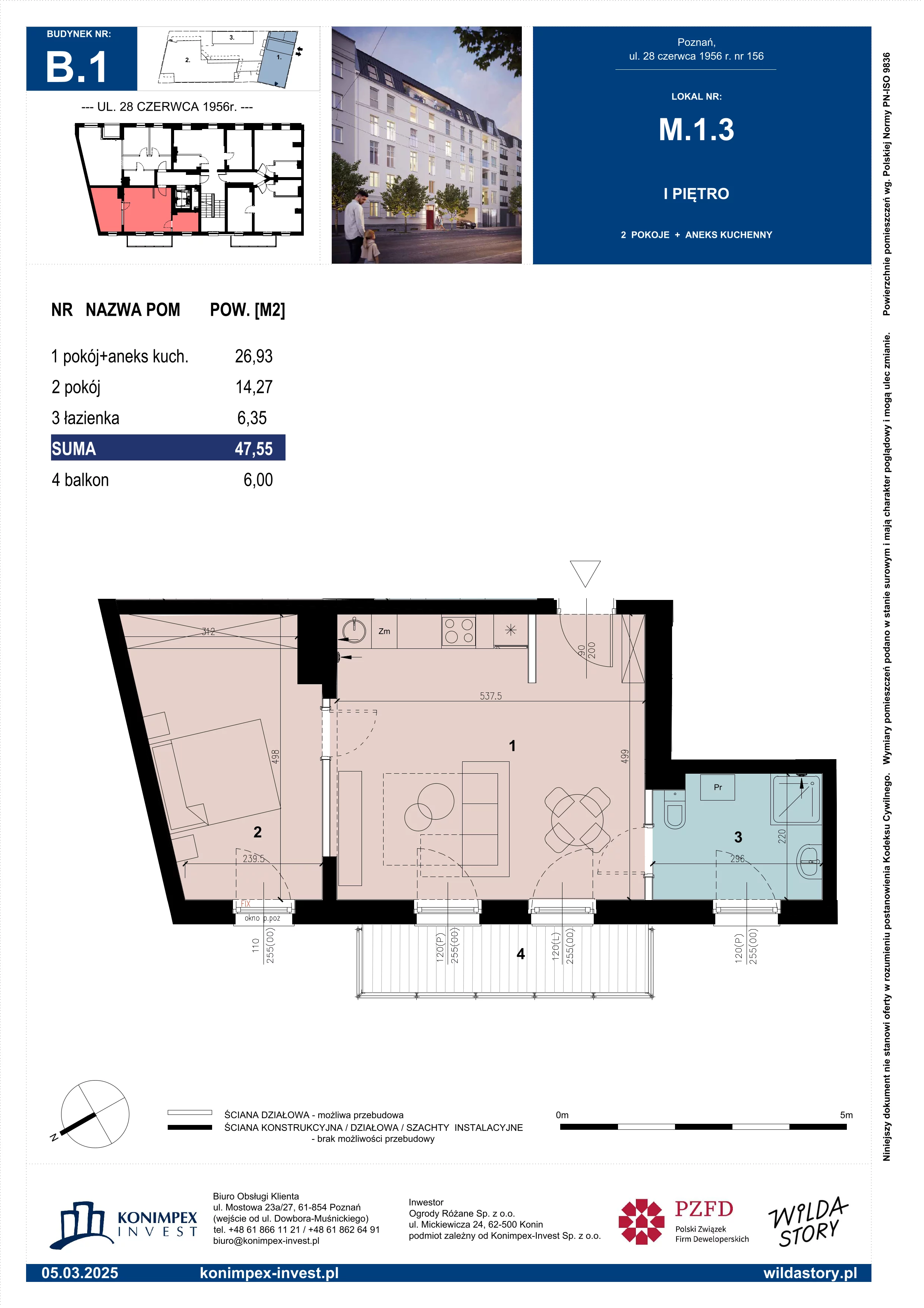 2 pokoje, mieszkanie 47,55 m², piętro 1, oferta nr WS-B1-LM-M.1.3, Wilda Story, Poznań, Wilda, Wilda, ul. 28 Czerwca 1956 r. 156