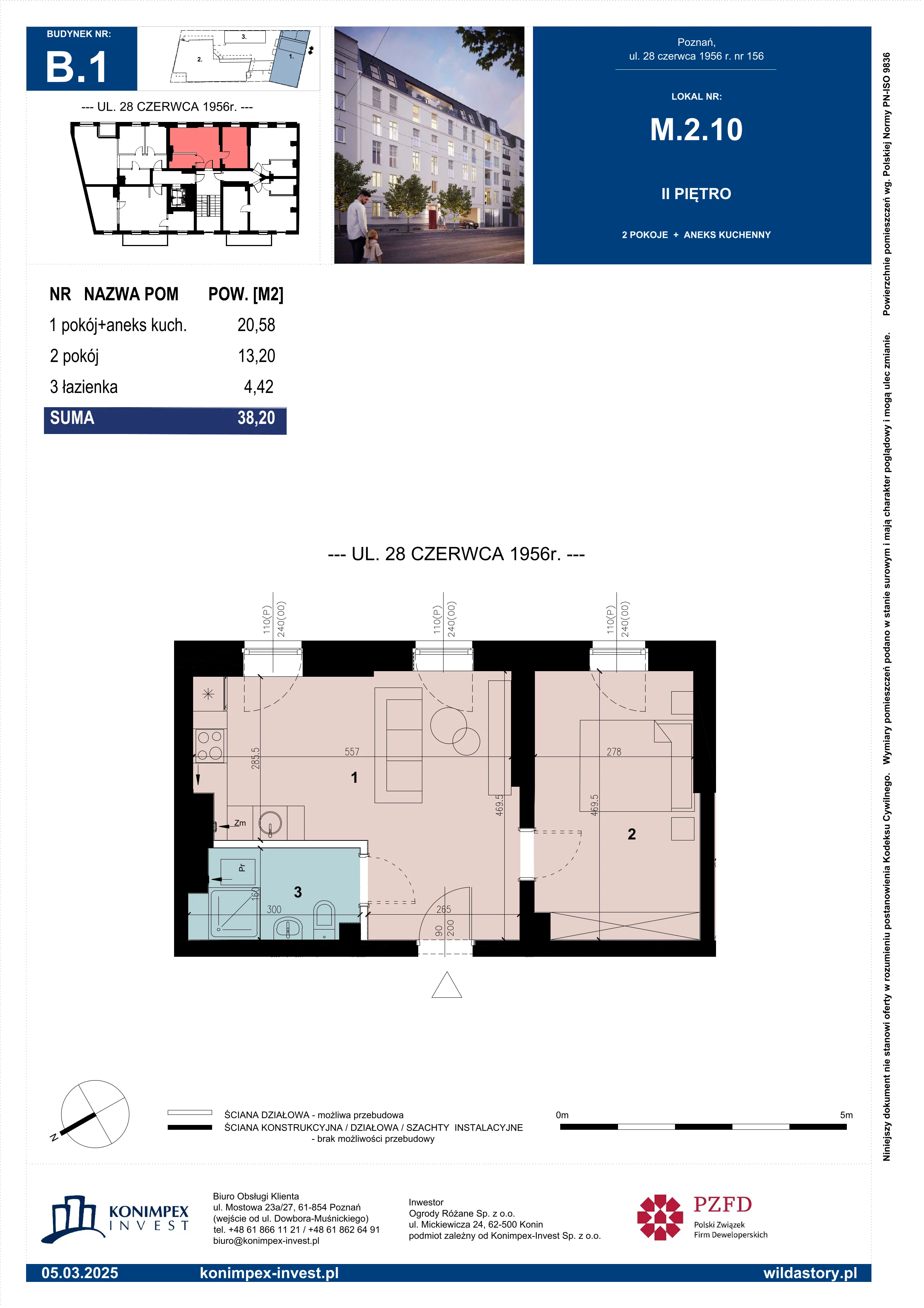 2 pokoje, mieszkanie 38,20 m², piętro 2, oferta nr WS-B1-LM-M.2.10, Wilda Story, Poznań, Wilda, Wilda, ul. 28 Czerwca 1956 r. 156
