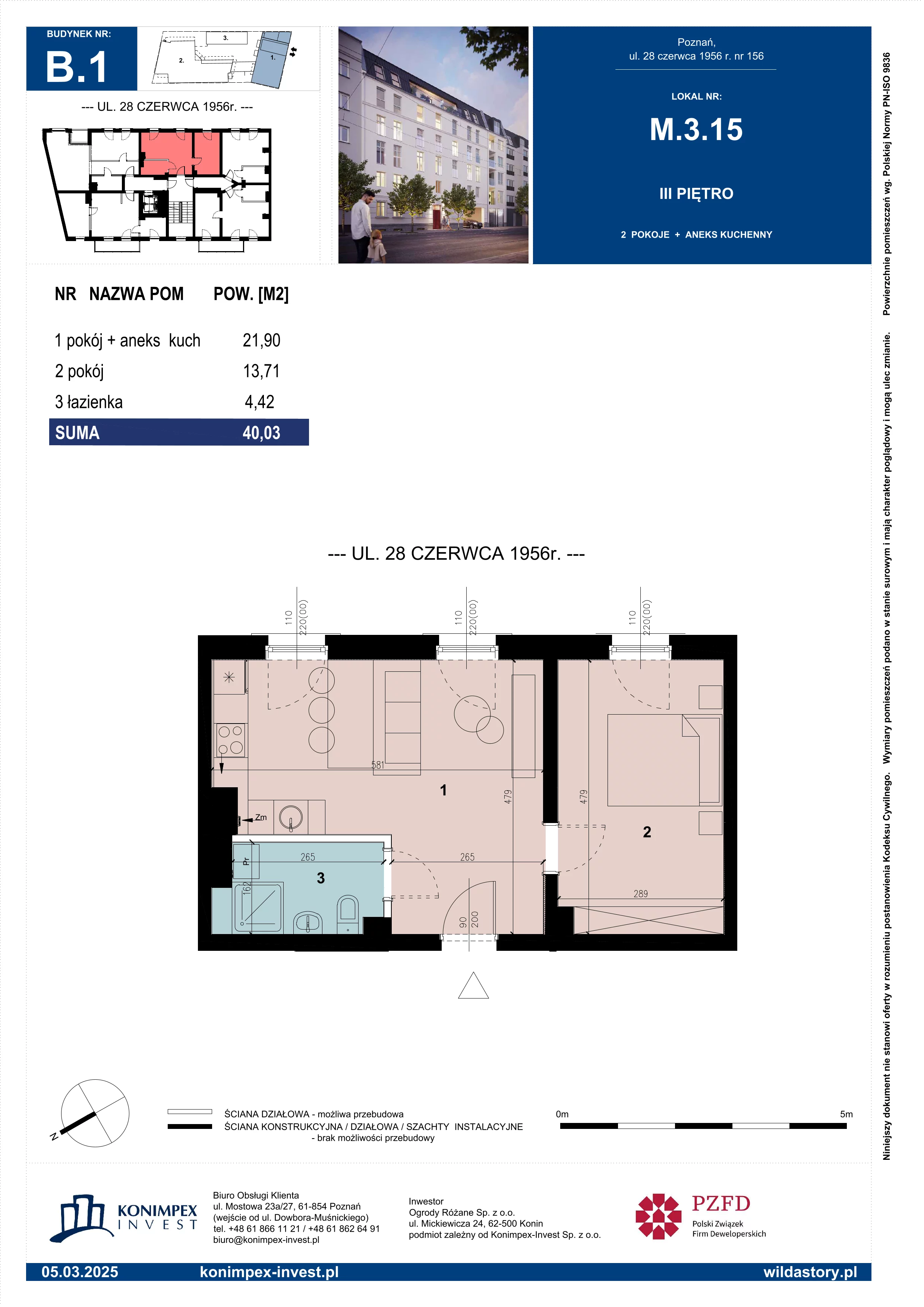 2 pokoje, mieszkanie 40,03 m², piętro 3, oferta nr WS-B1-LM-M.3.15, Wilda Story, Poznań, Wilda, Wilda, ul. 28 Czerwca 1956 r. 156