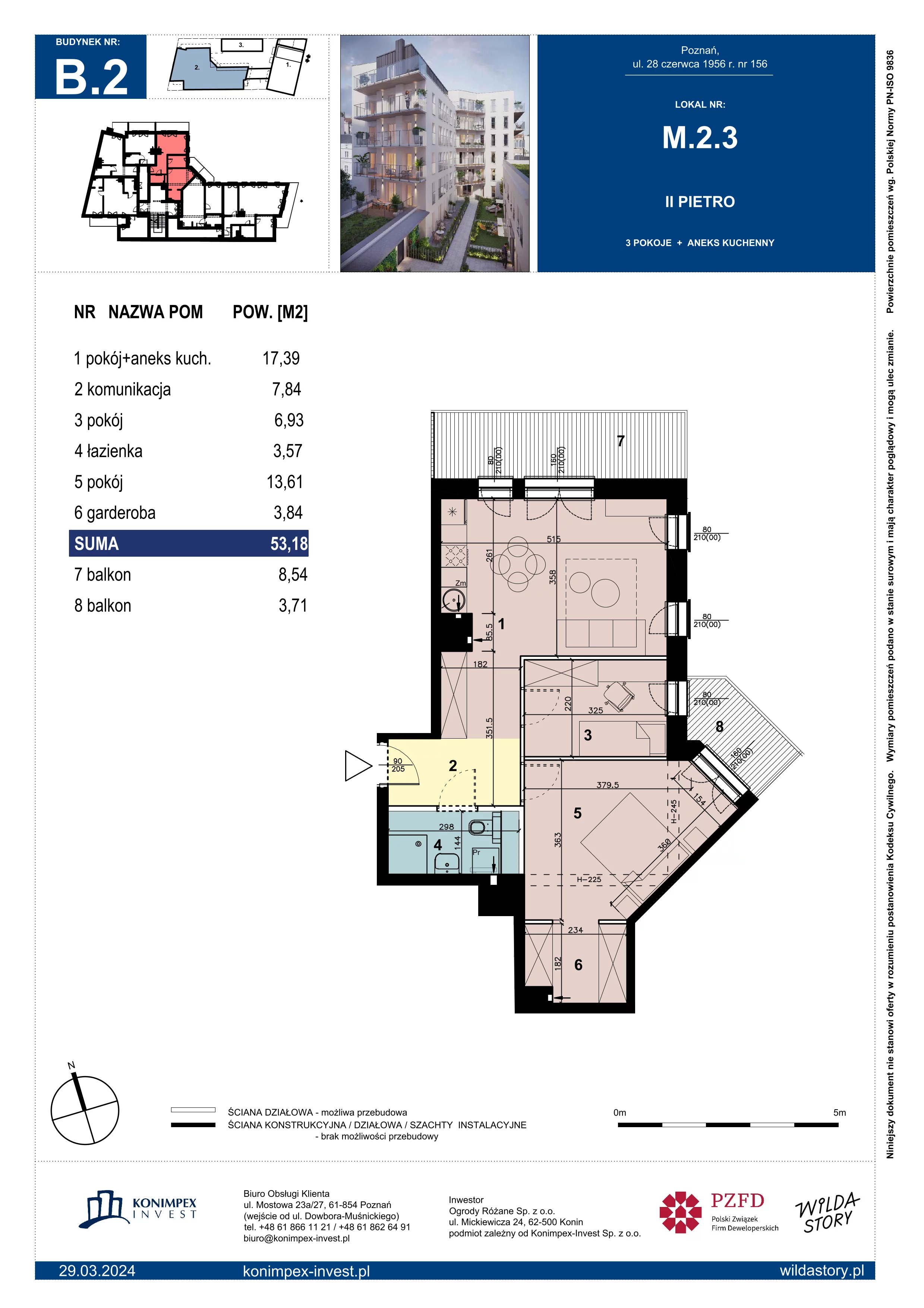 2 pokoje, mieszkanie 53,18 m², piętro 2, oferta nr WS-B2-LM-M.2.3, Wilda Story, Poznań, Wilda, Wilda, ul. 28 Czerwca 1956 r. 156