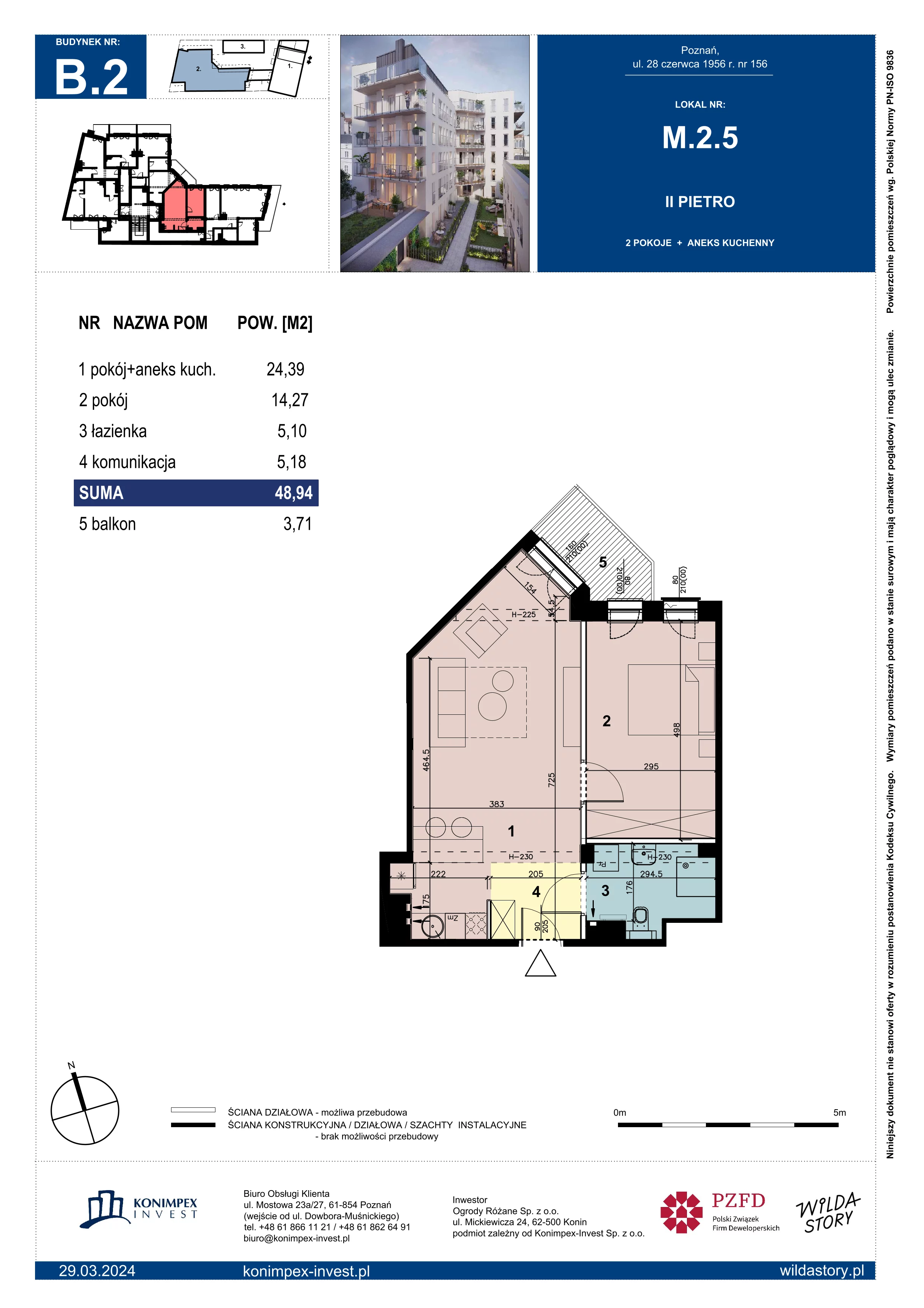 2 pokoje, mieszkanie 48,94 m², piętro 2, oferta nr WS-B2-LM-M.2.5, Wilda Story, Poznań, Wilda, Wilda, ul. 28 Czerwca 1956 r. 156