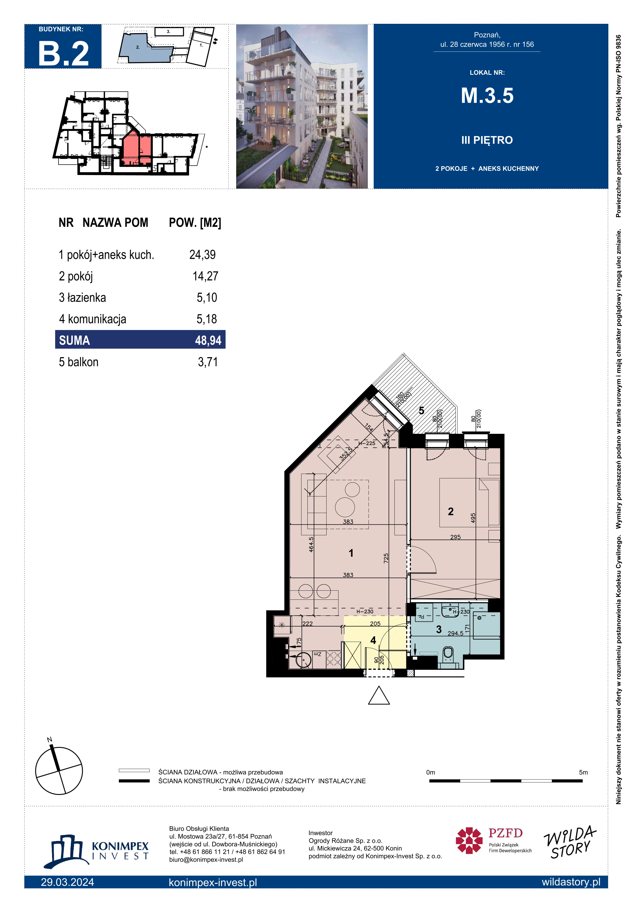 2 pokoje, mieszkanie 48,94 m², piętro 3, oferta nr WS-B2-LM-M.3.5, Wilda Story, Poznań, Wilda, Wilda, ul. 28 Czerwca 1956 r. 156
