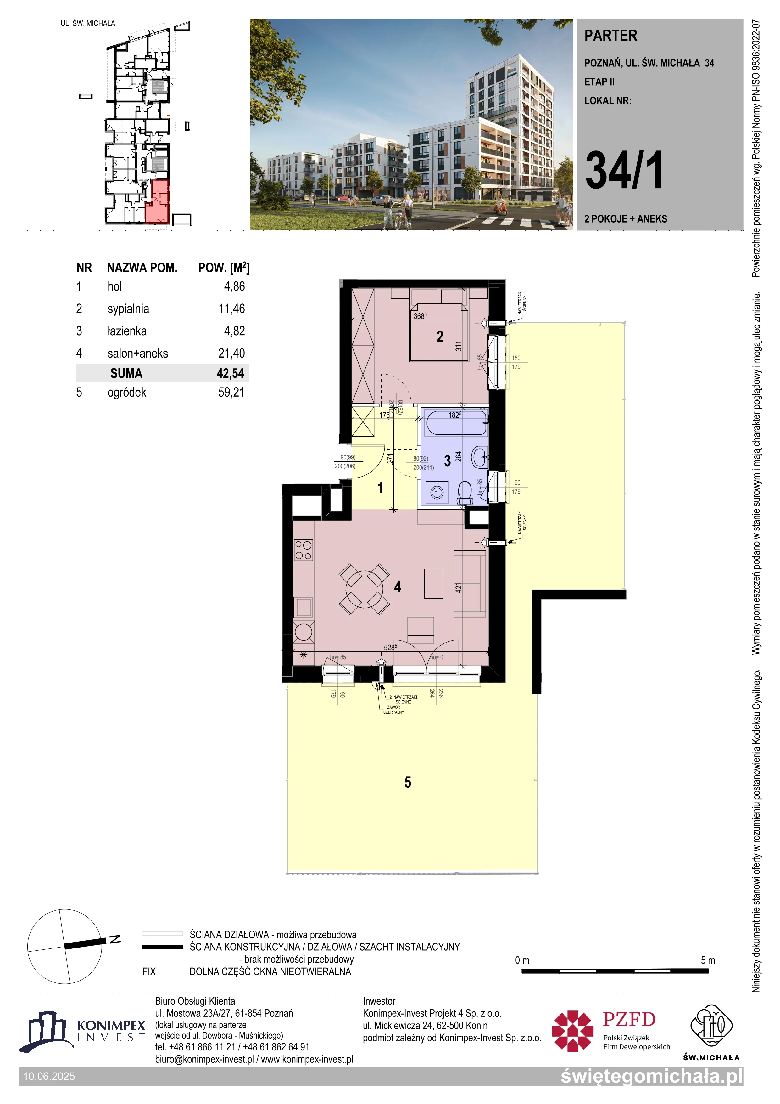 2 pokoje, mieszkanie 42,54 m², parter, oferta nr SM2-A1-LM-34_01, Świętego Michała, Poznań, Ostrów Tumski-Śródka-Zawady-Komandoria, Śródka, ul. Świętego Michała 34, 36, 38, 40