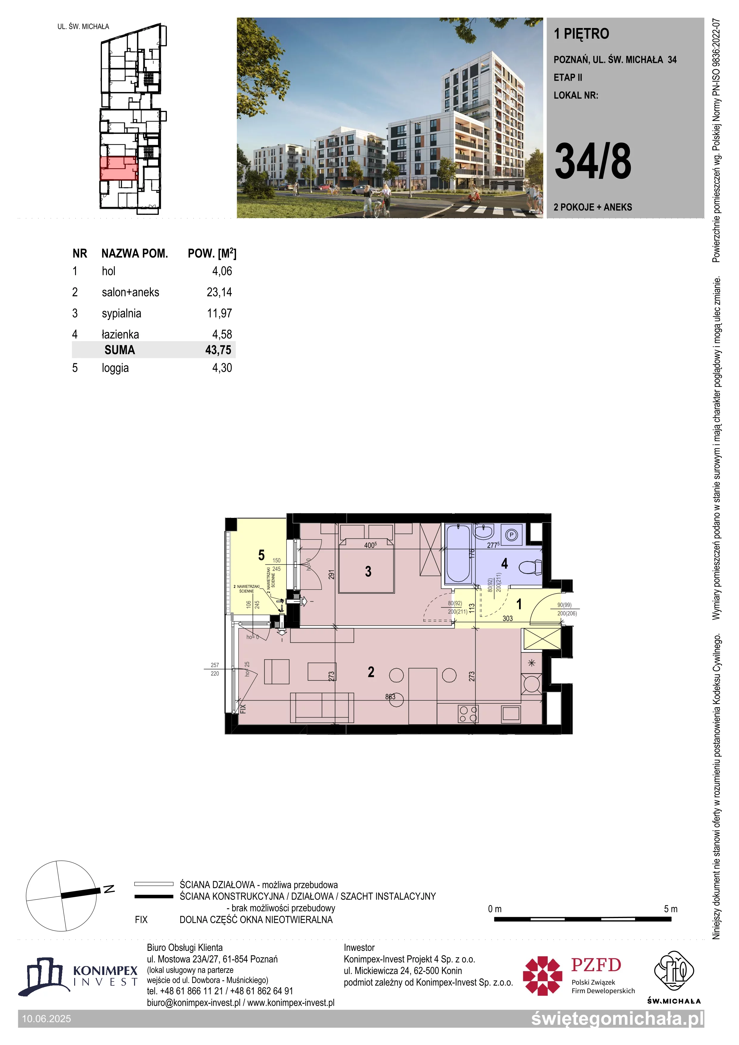 2 pokoje, mieszkanie 43,75 m², piętro 1, oferta nr SM2-A1-LM-34_08, Świętego Michała, Poznań, Ostrów Tumski-Śródka-Zawady-Komandoria, Śródka, ul. Świętego Michała 34, 36, 38, 40