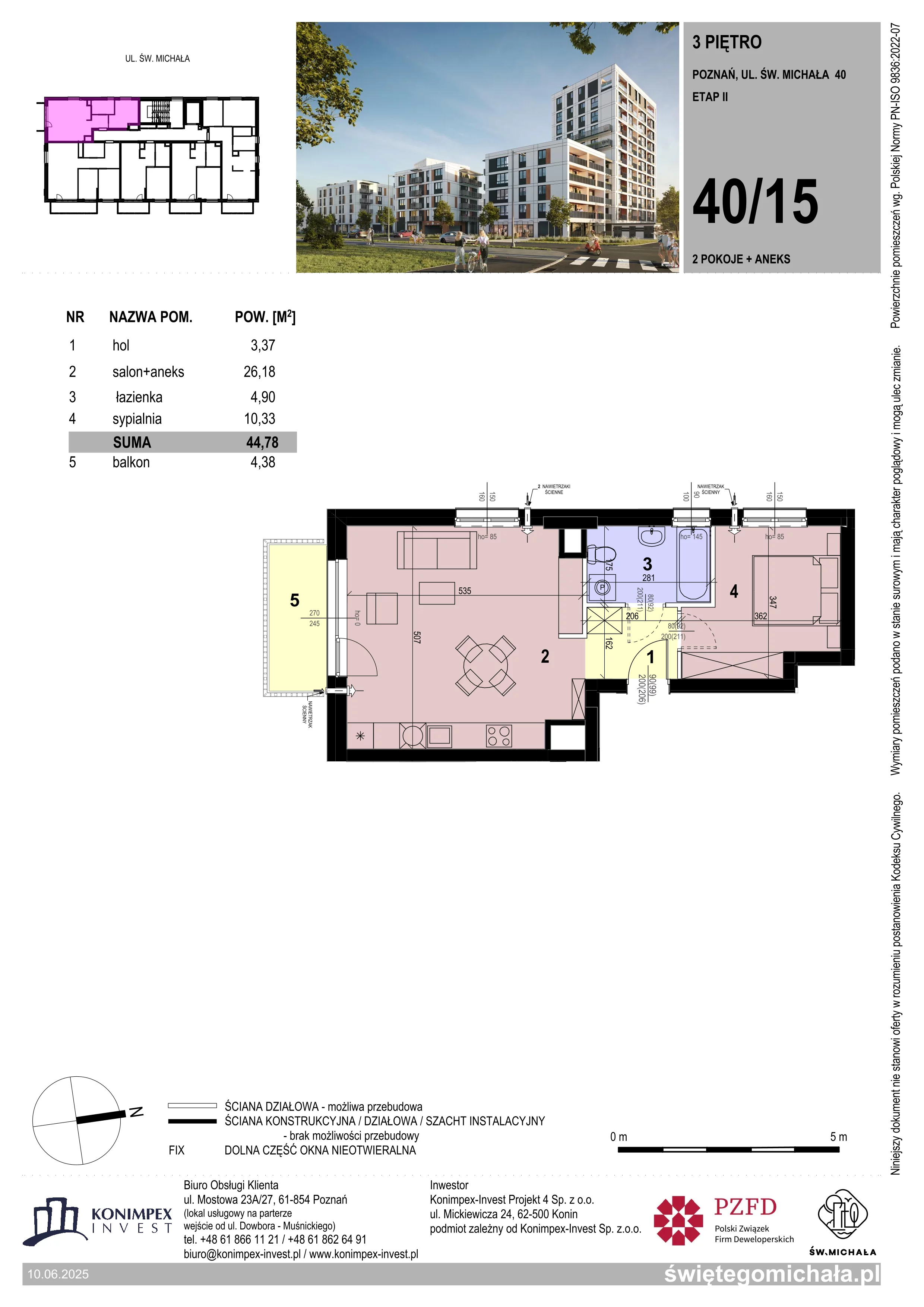 2 pokoje, mieszkanie 44,78 m², piętro 3, oferta nr SM2-C-LM-40_15, Świętego Michała, Poznań, Ostrów Tumski-Śródka-Zawady-Komandoria, Śródka, ul. Świętego Michała 34, 36, 38, 40