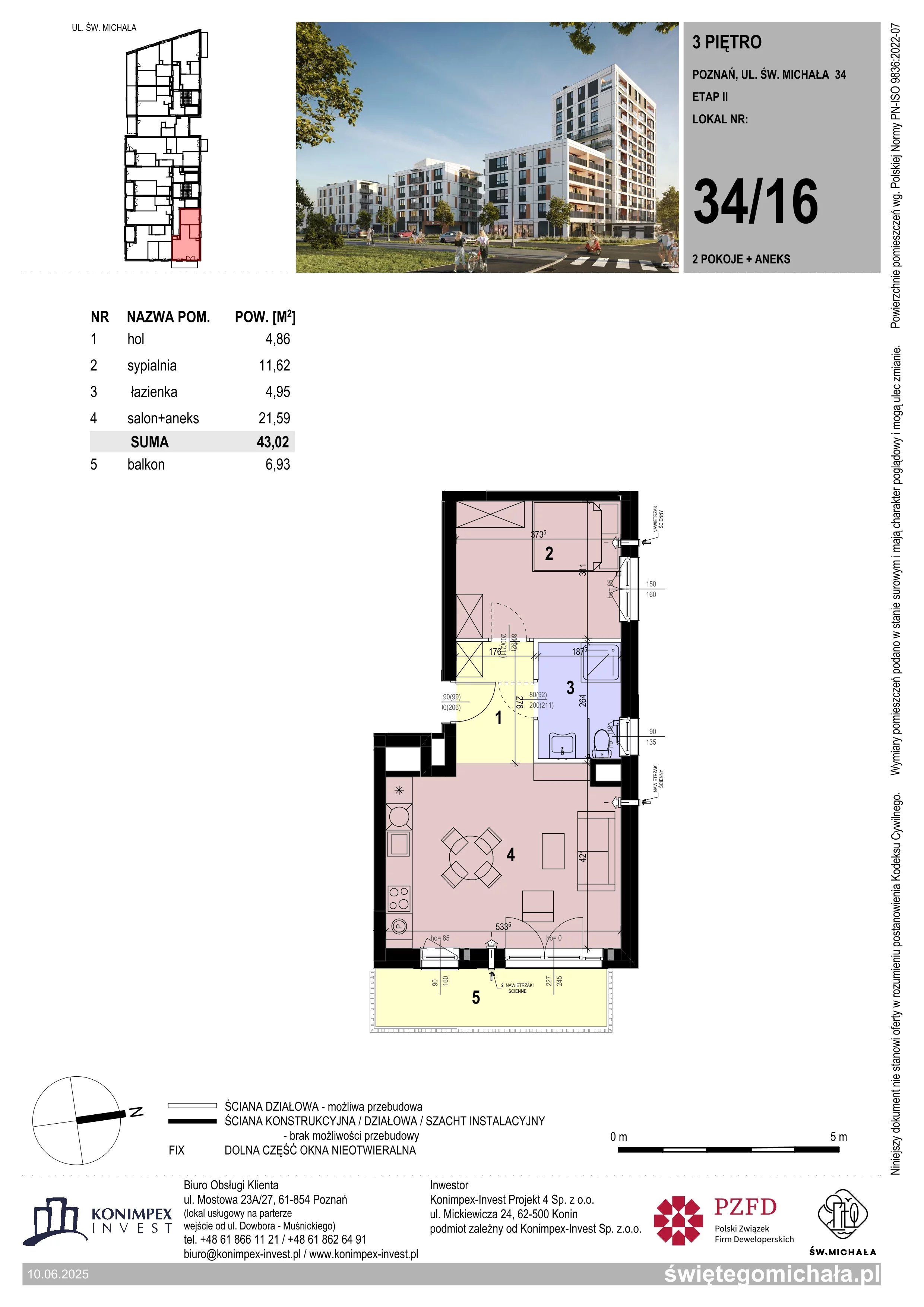 2 pokoje, mieszkanie 43,02 m², piętro 3, oferta nr SM2-A1-LM-34_16, Świętego Michała, Poznań, Ostrów Tumski-Śródka-Zawady-Komandoria, Śródka, ul. Świętego Michała 34, 36, 38, 40