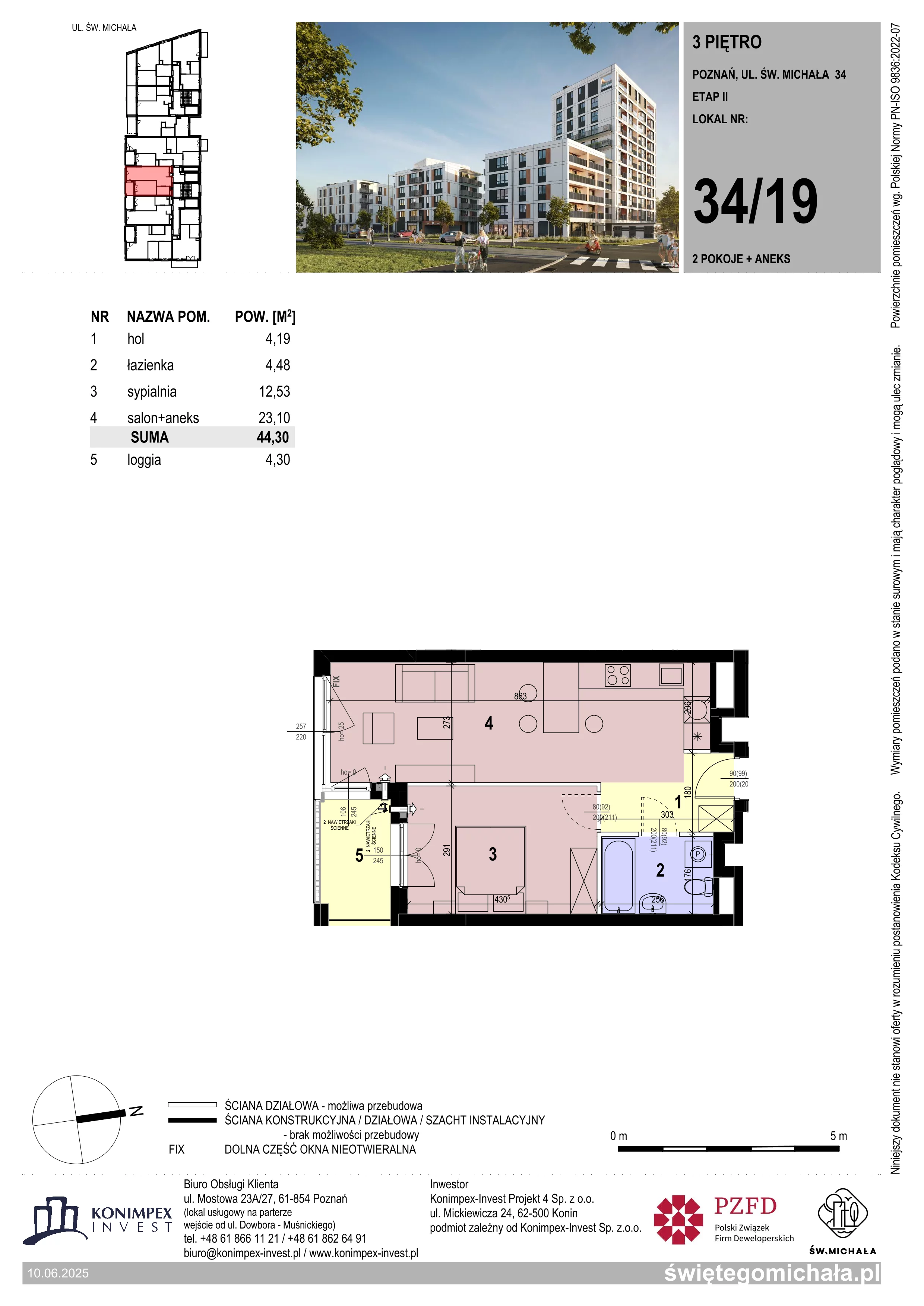 2 pokoje, mieszkanie 44,30 m², piętro 3, oferta nr SM2-A1-LM-34_19, Świętego Michała, Poznań, Ostrów Tumski-Śródka-Zawady-Komandoria, Śródka, ul. Świętego Michała 34, 36, 38, 40