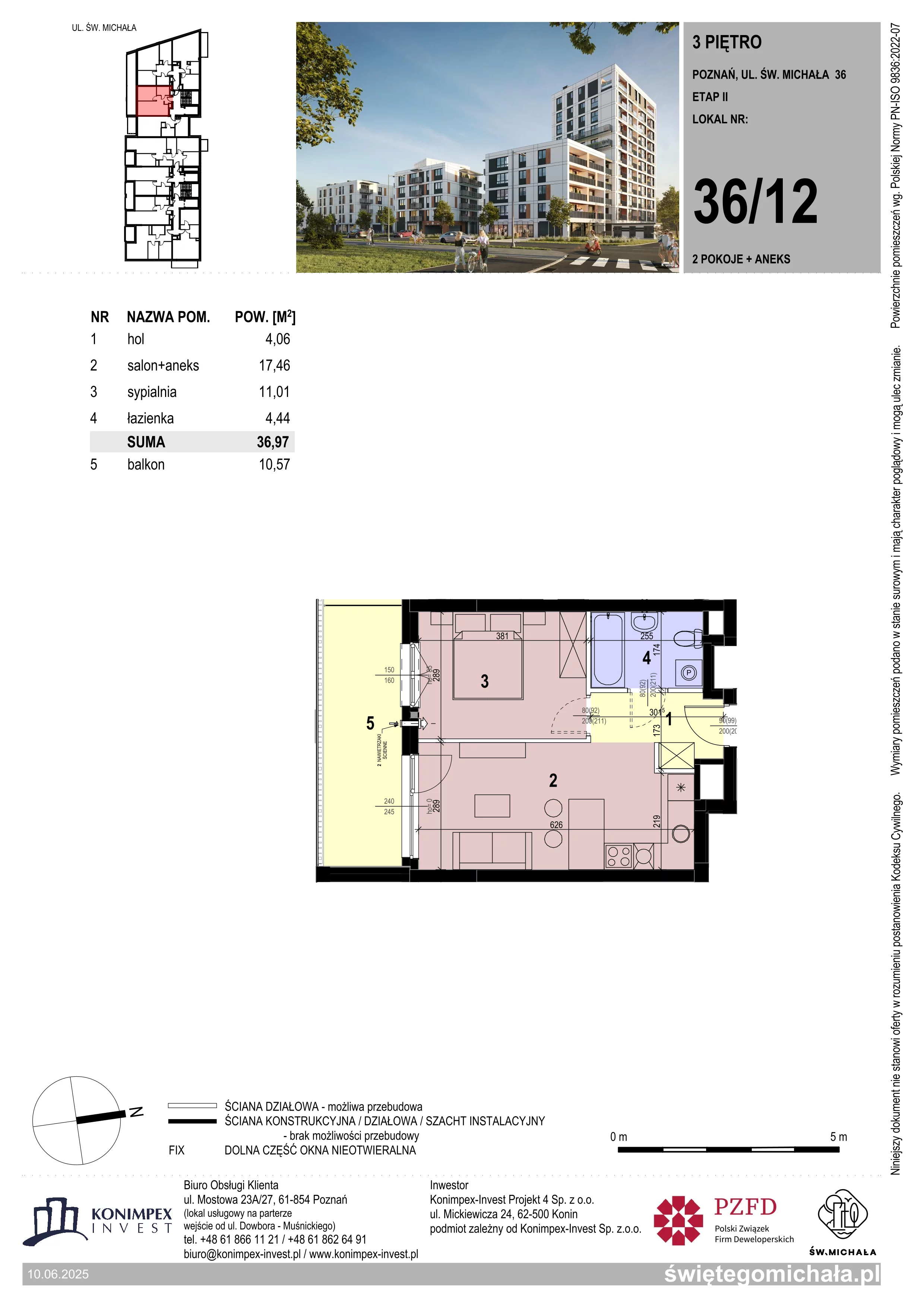 2 pokoje, mieszkanie 36,97 m², piętro 3, oferta nr SM2-A2-LM-36_12, Świętego Michała, Poznań, Ostrów Tumski-Śródka-Zawady-Komandoria, Śródka, ul. Świętego Michała 34, 36, 38, 40