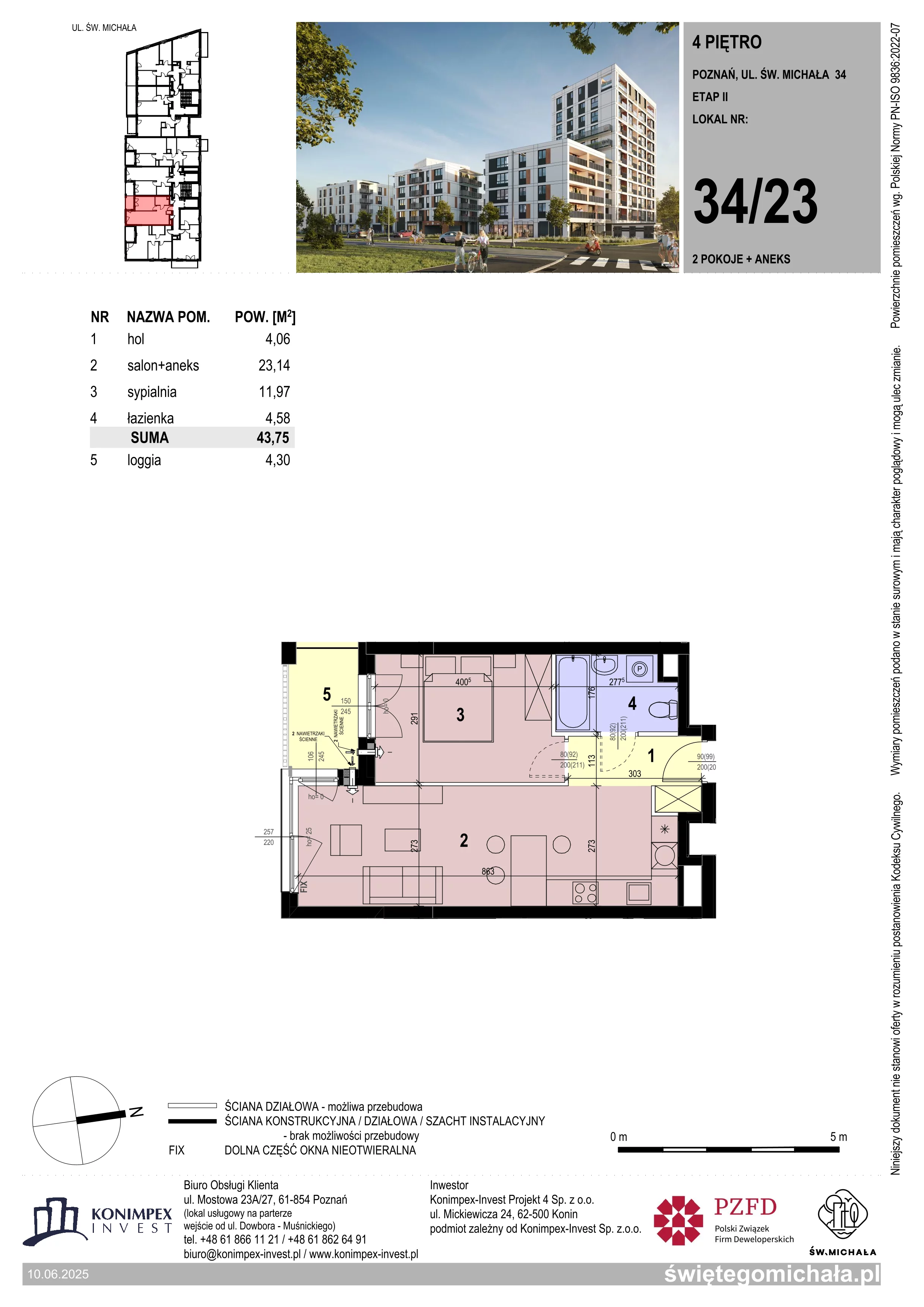 2 pokoje, mieszkanie 43,75 m², piętro 4, oferta nr SM2-A1-LM-34_23, Świętego Michała, Poznań, Ostrów Tumski-Śródka-Zawady-Komandoria, Śródka, ul. Świętego Michała 34, 36, 38, 40
