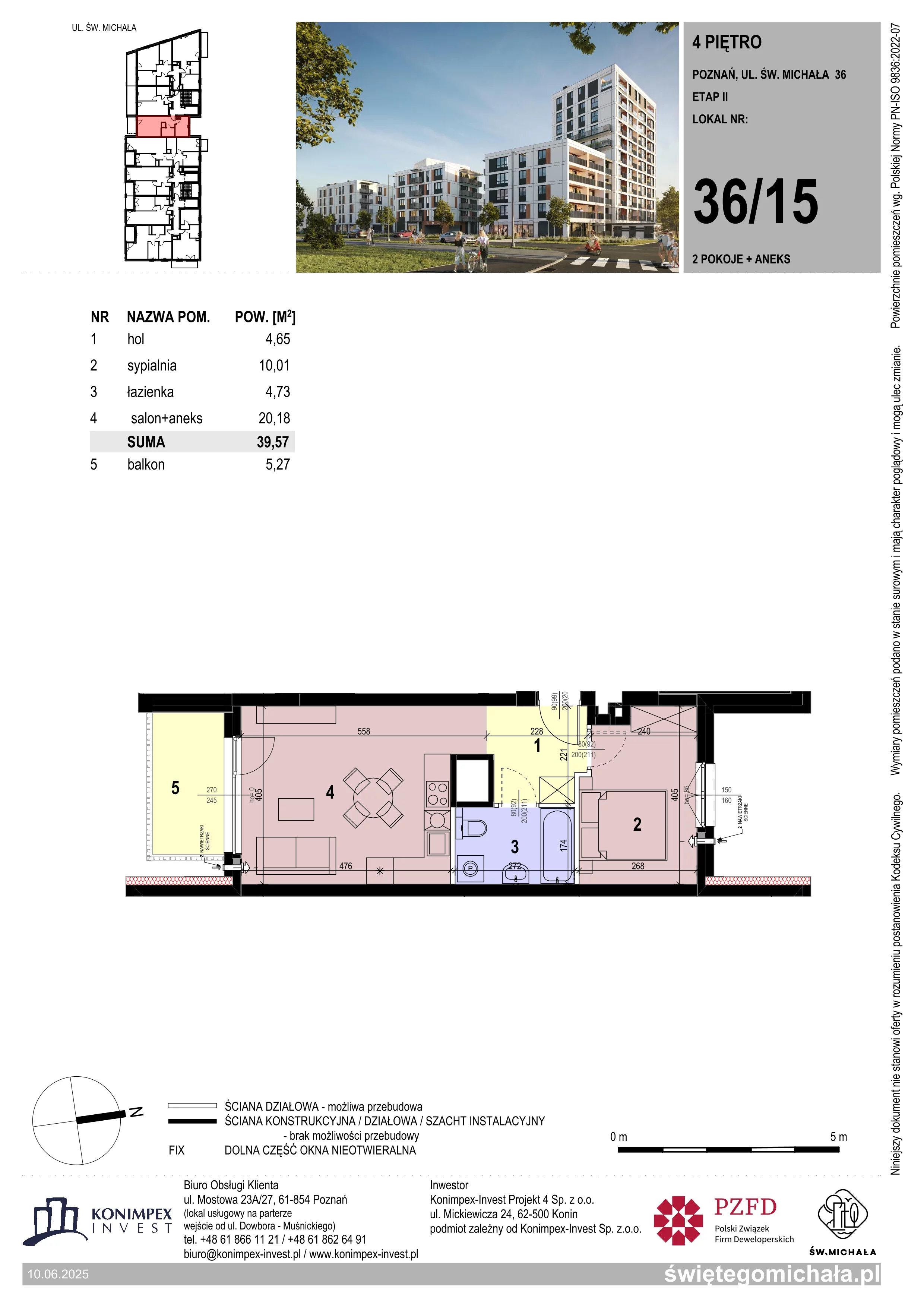 2 pokoje, mieszkanie 39,57 m², piętro 4, oferta nr SM2-A2-LM-36_15, Świętego Michała, Poznań, Ostrów Tumski-Śródka-Zawady-Komandoria, Śródka, ul. Świętego Michała 34, 36, 38, 40