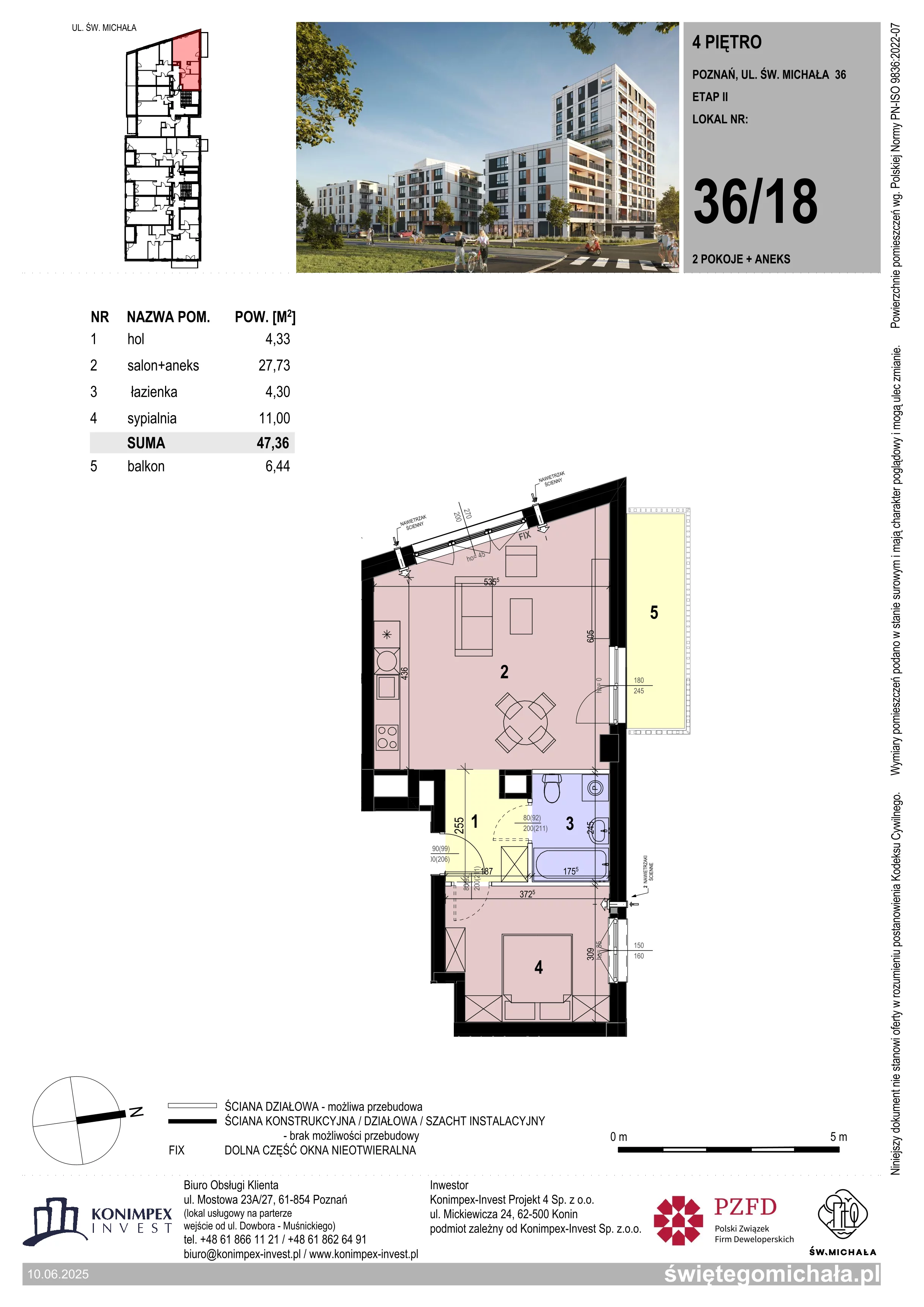 2 pokoje, mieszkanie 47,36 m², piętro 4, oferta nr SM2-A2-LM-36_18, Świętego Michała, Poznań, Ostrów Tumski-Śródka-Zawady-Komandoria, Śródka, ul. Świętego Michała 34, 36, 38, 40