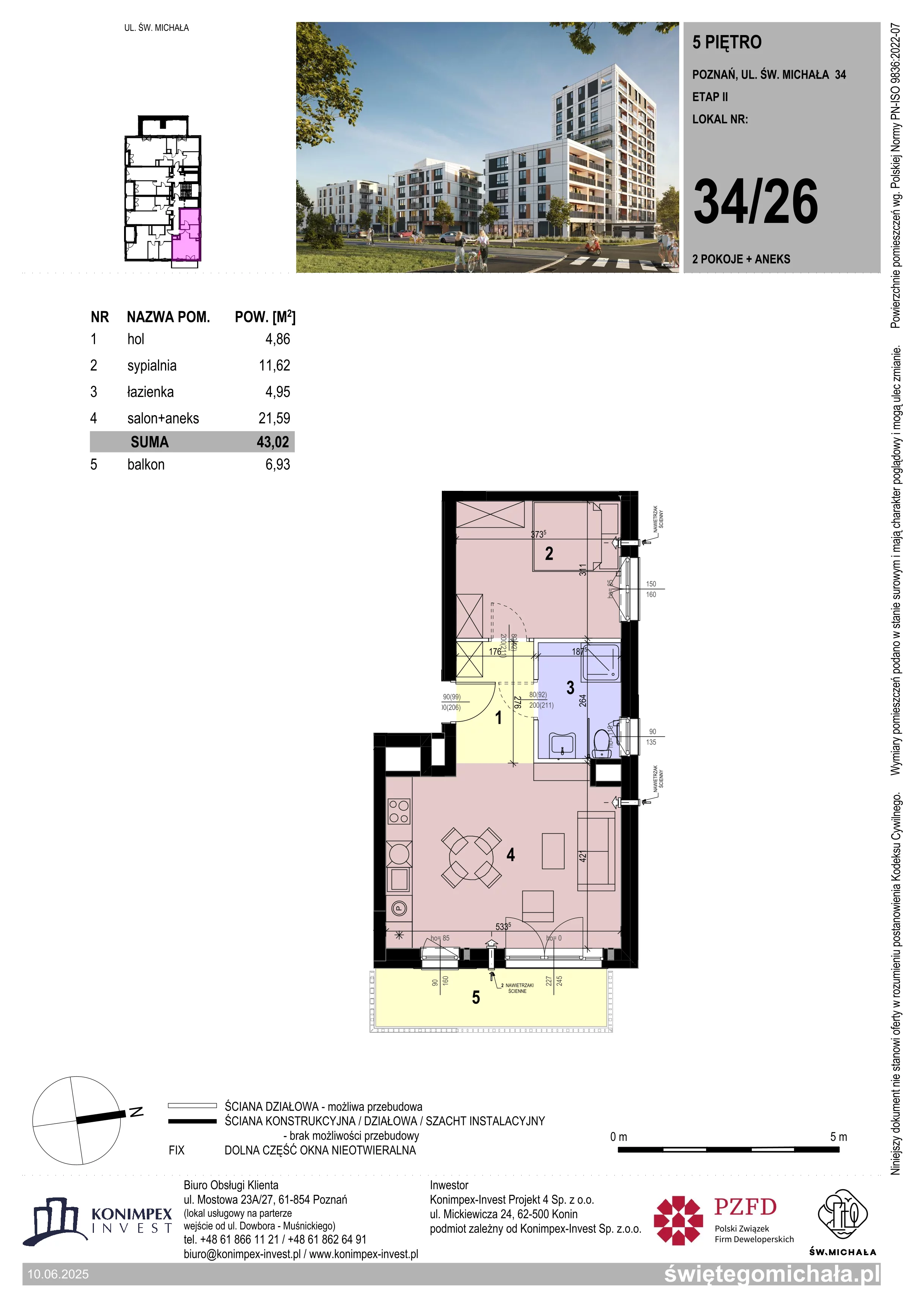 2 pokoje, mieszkanie 43,02 m², piętro 5, oferta nr SM2-A1-LM-34_26, Świętego Michała, Poznań, Ostrów Tumski-Śródka-Zawady-Komandoria, Śródka, ul. Świętego Michała 34, 36, 38, 40