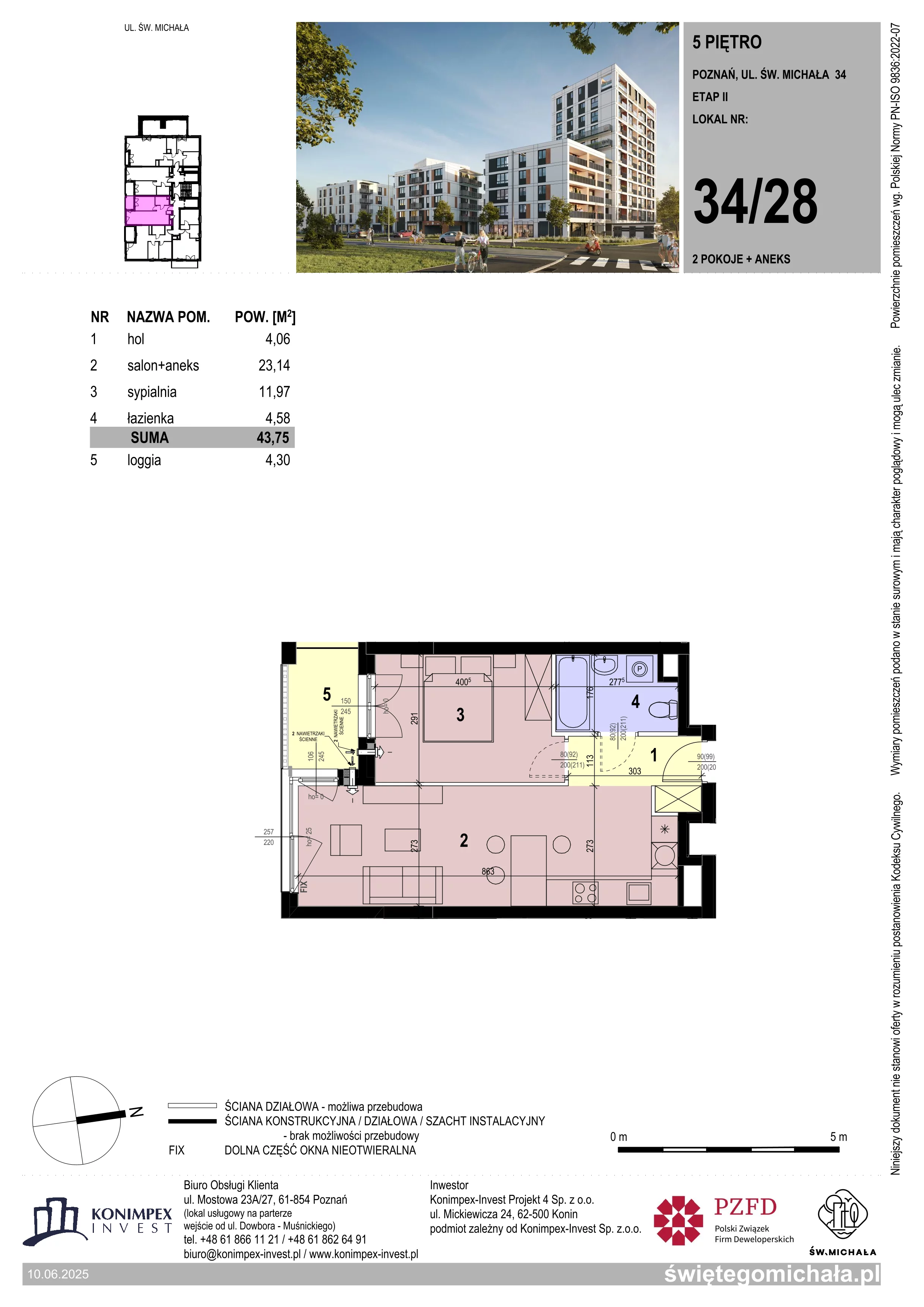 2 pokoje, mieszkanie 43,75 m², piętro 5, oferta nr SM2-A1-LM-34_28, Świętego Michała, Poznań, Ostrów Tumski-Śródka-Zawady-Komandoria, Śródka, ul. Świętego Michała 34, 36, 38, 40