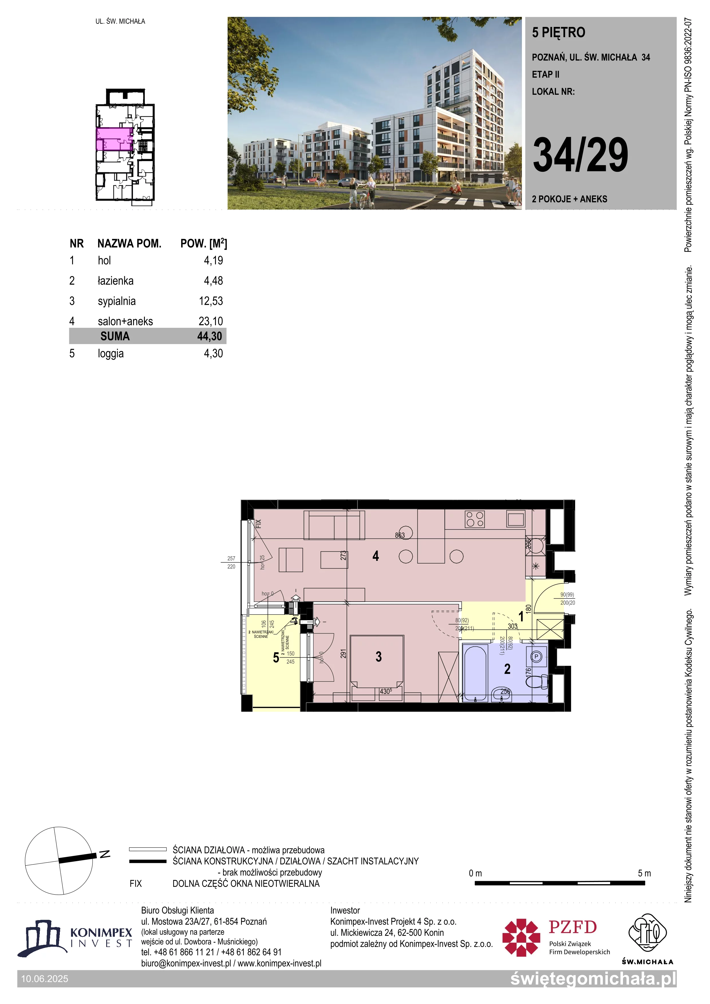 2 pokoje, mieszkanie 44,30 m², piętro 5, oferta nr SM2-A1-LM-34_29, Świętego Michała, Poznań, Ostrów Tumski-Śródka-Zawady-Komandoria, Śródka, ul. Świętego Michała 34, 36, 38, 40