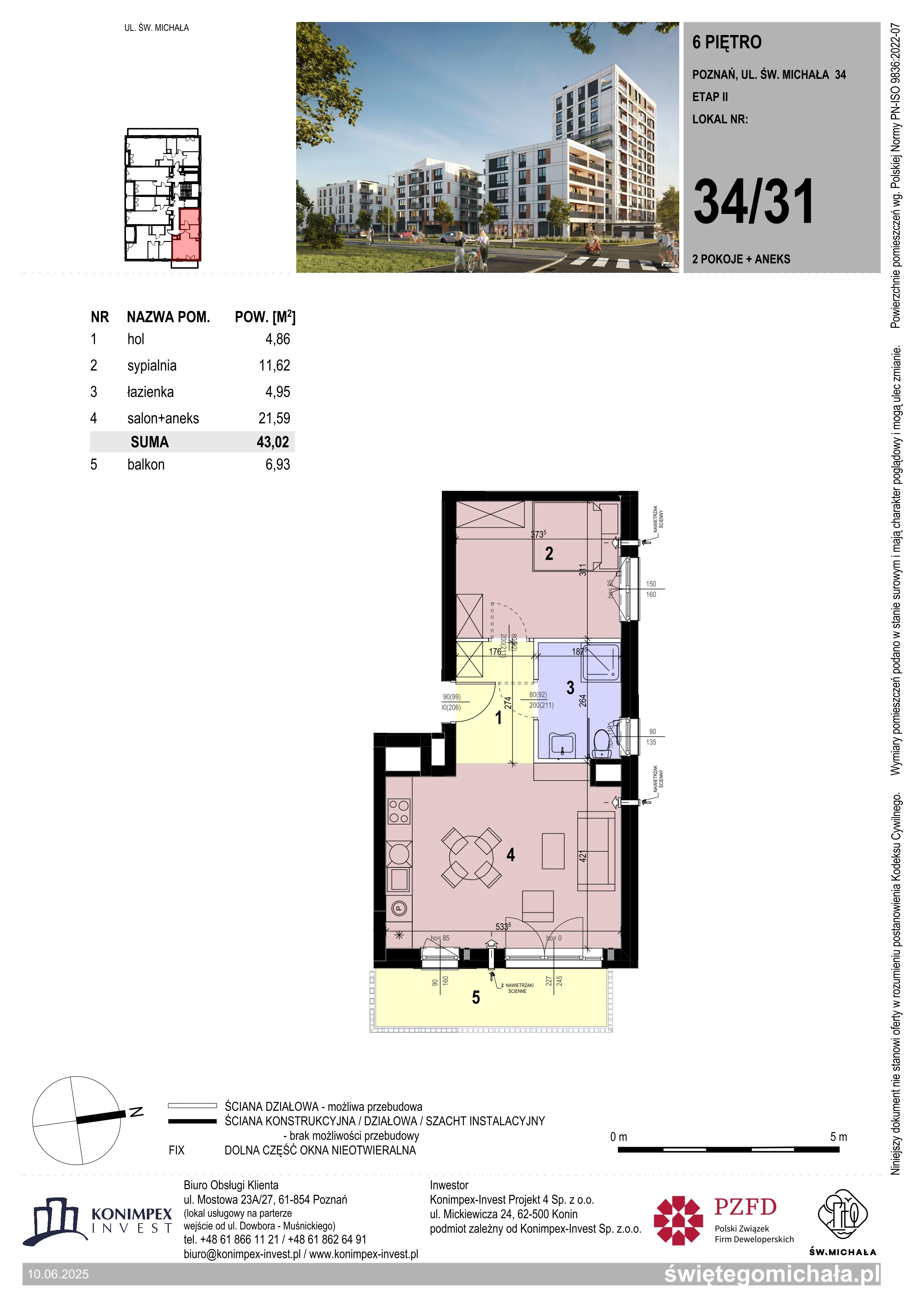 2 pokoje, mieszkanie 43,02 m², piętro 6, oferta nr SM2-A1-LM-34_31, Świętego Michała, Poznań, Ostrów Tumski-Śródka-Zawady-Komandoria, Śródka, ul. Świętego Michała 34, 36, 38, 40
