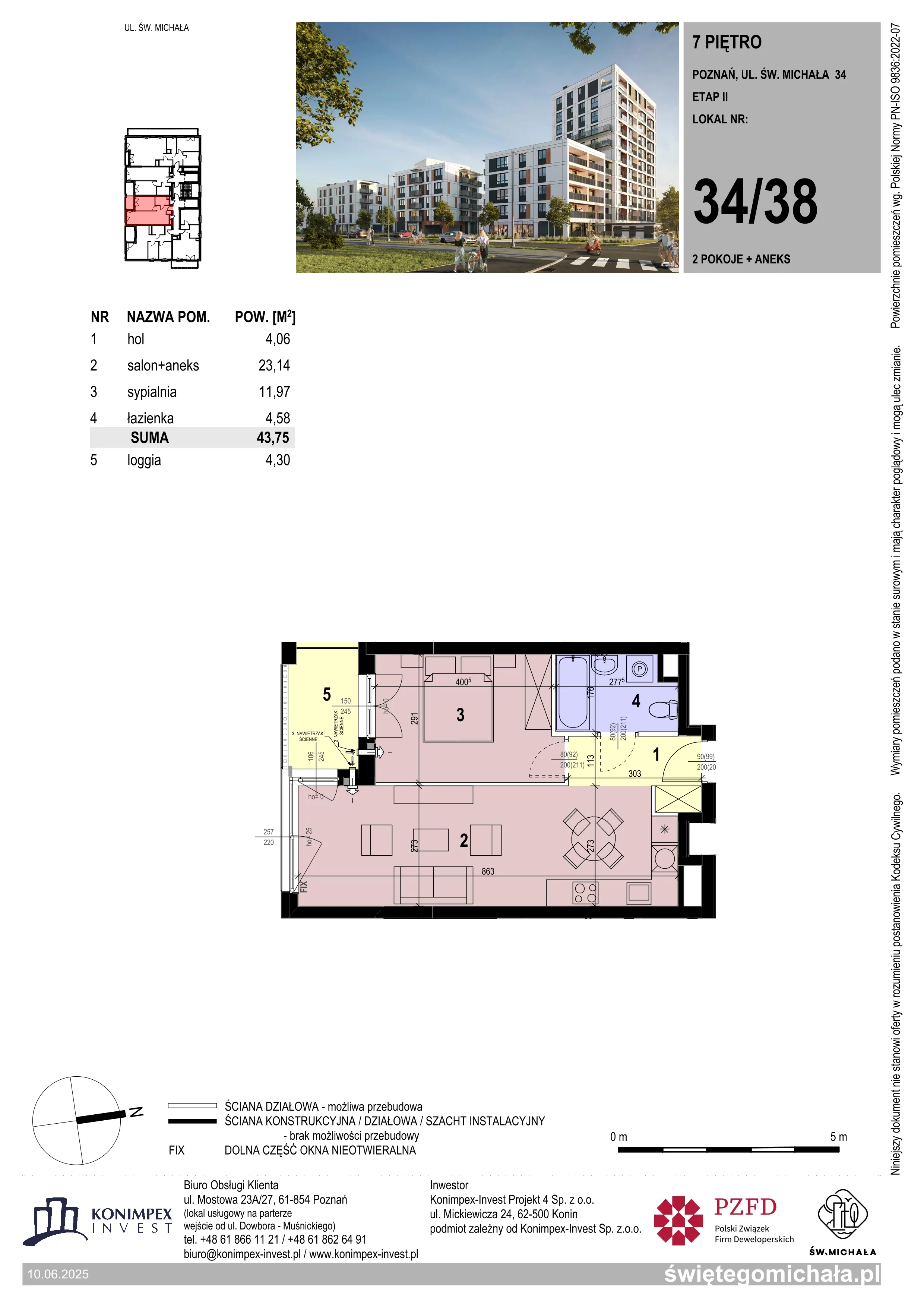 2 pokoje, mieszkanie 43,75 m², piętro 7, oferta nr SM2-A1-LM-34_38, Świętego Michała, Poznań, Ostrów Tumski-Śródka-Zawady-Komandoria, Śródka, ul. Świętego Michała 34, 36, 38, 40