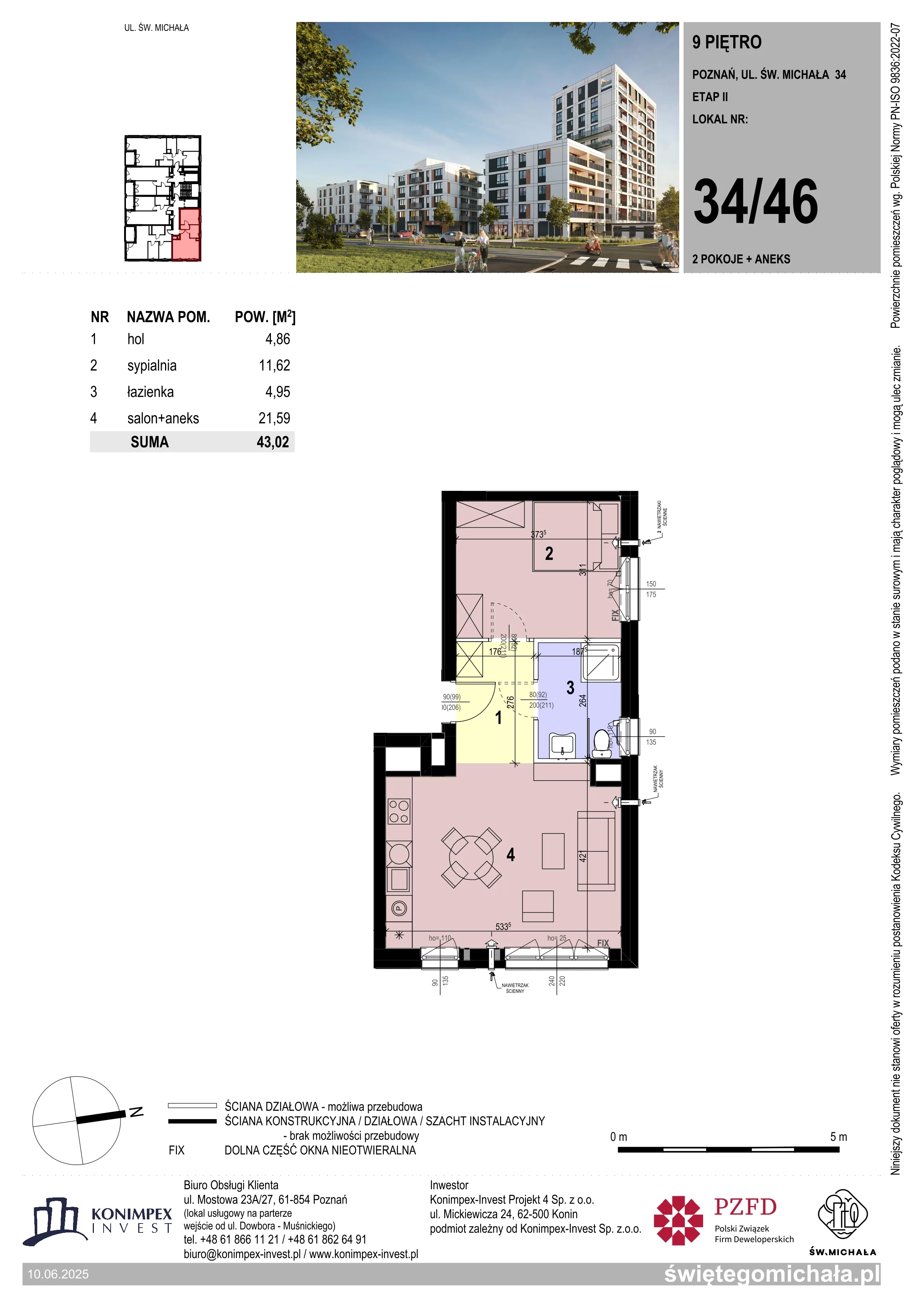 2 pokoje, mieszkanie 43,02 m², piętro 9, oferta nr SM2-A1-LM-34_46, Świętego Michała, Poznań, Ostrów Tumski-Śródka-Zawady-Komandoria, Śródka, ul. Świętego Michała 34, 36, 38, 40