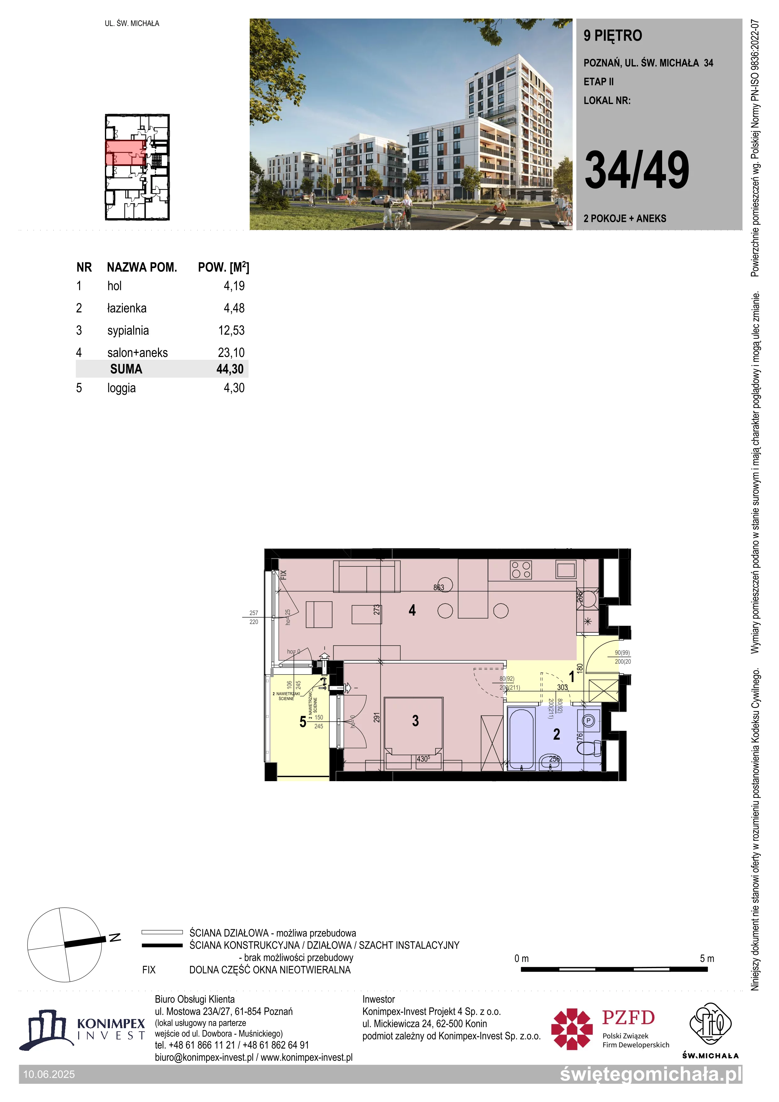 2 pokoje, mieszkanie 44,30 m², piętro 9, oferta nr SM2-A1-LM-34_49, Świętego Michała, Poznań, Ostrów Tumski-Śródka-Zawady-Komandoria, Śródka, ul. Świętego Michała 34, 36, 38, 40
