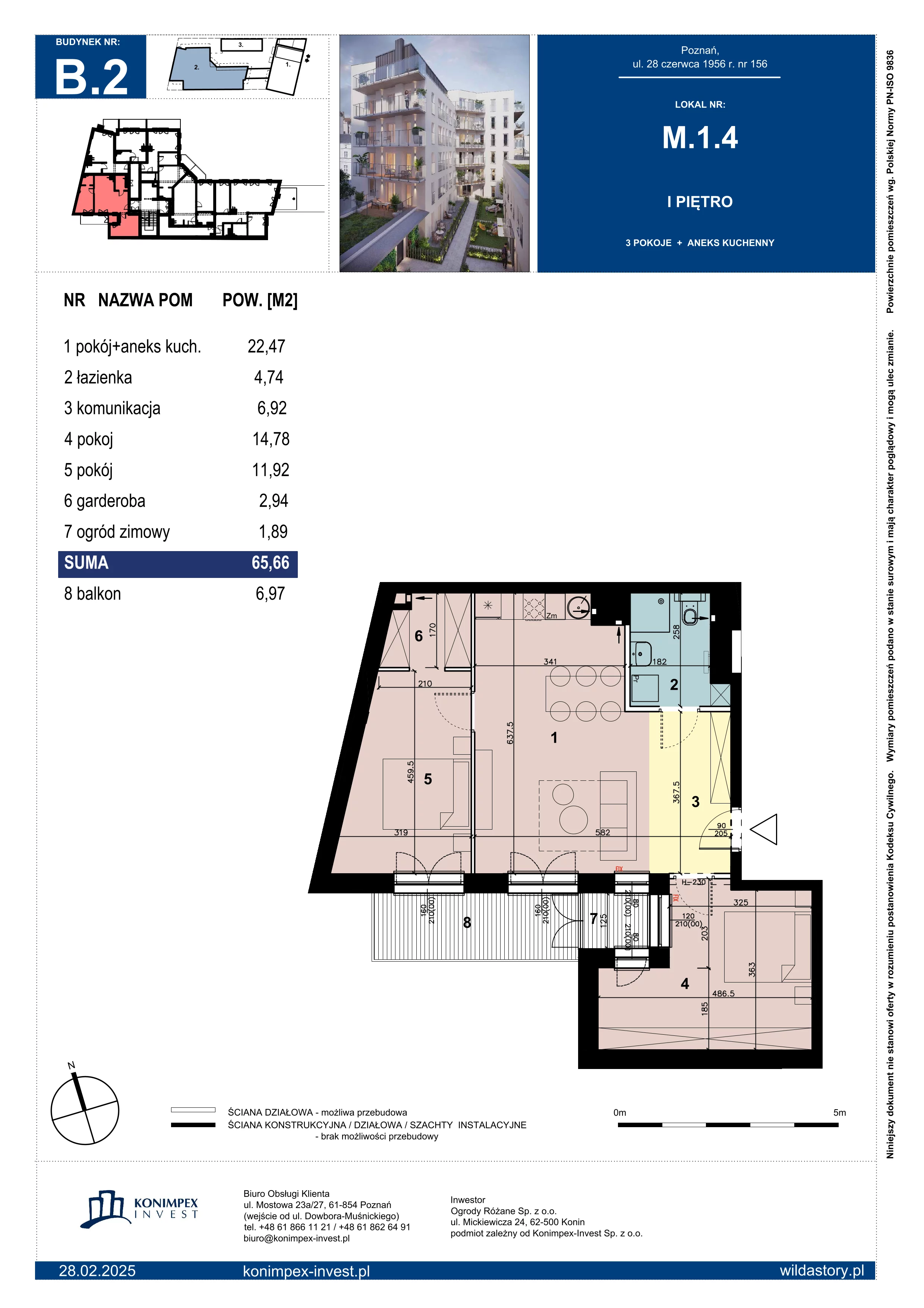 3 pokoje, mieszkanie 65,66 m², piętro 1, oferta nr WS-B2-LM-M.1.4, Wilda Story, Poznań, Wilda, Wilda, ul. 28 Czerwca 1956 r. 156