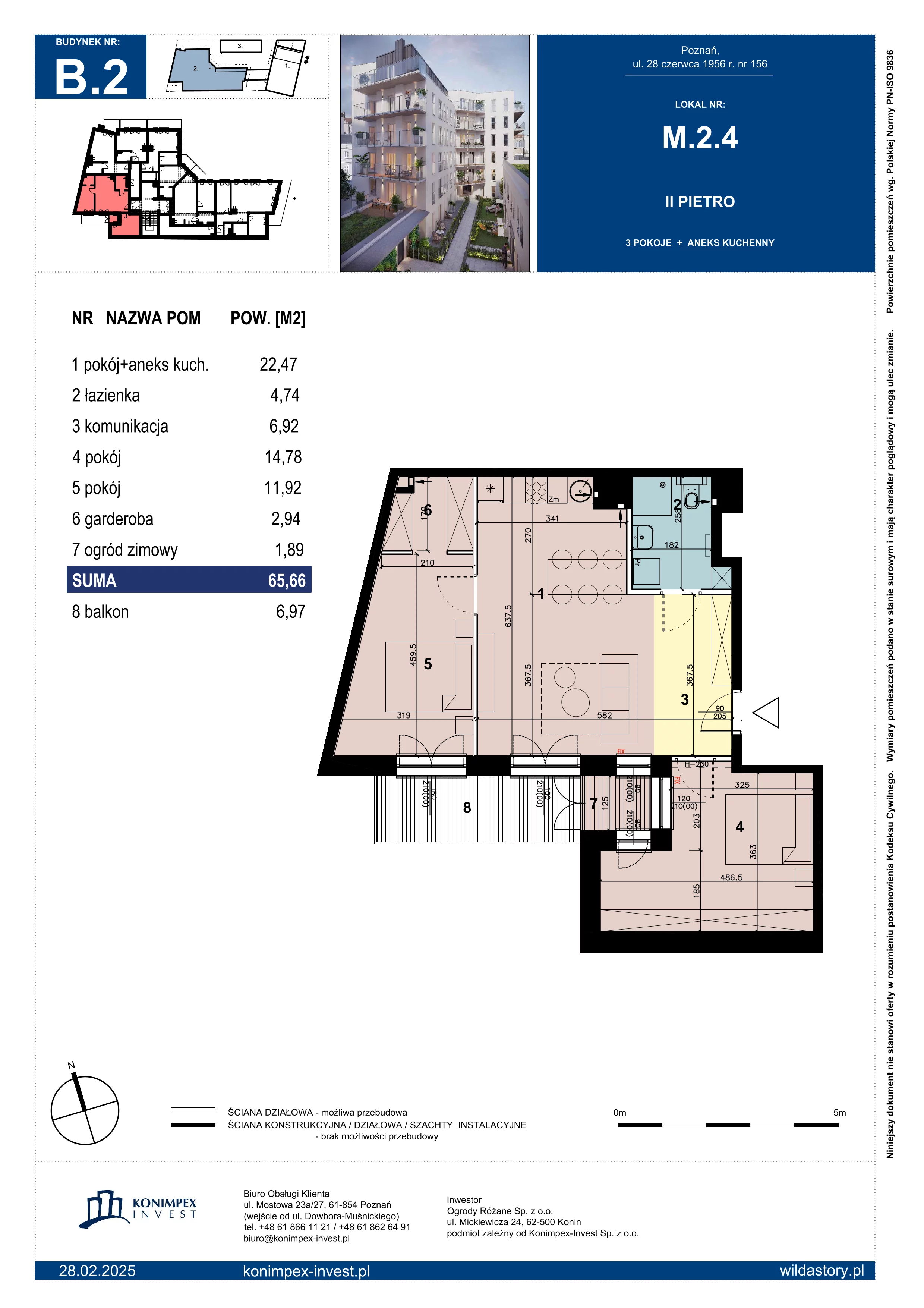 3 pokoje, mieszkanie 65,66 m², piętro 2, oferta nr WS-B2-LM-M.2.4, Wilda Story, Poznań, Wilda, Wilda, ul. 28 Czerwca 1956 r. 156
