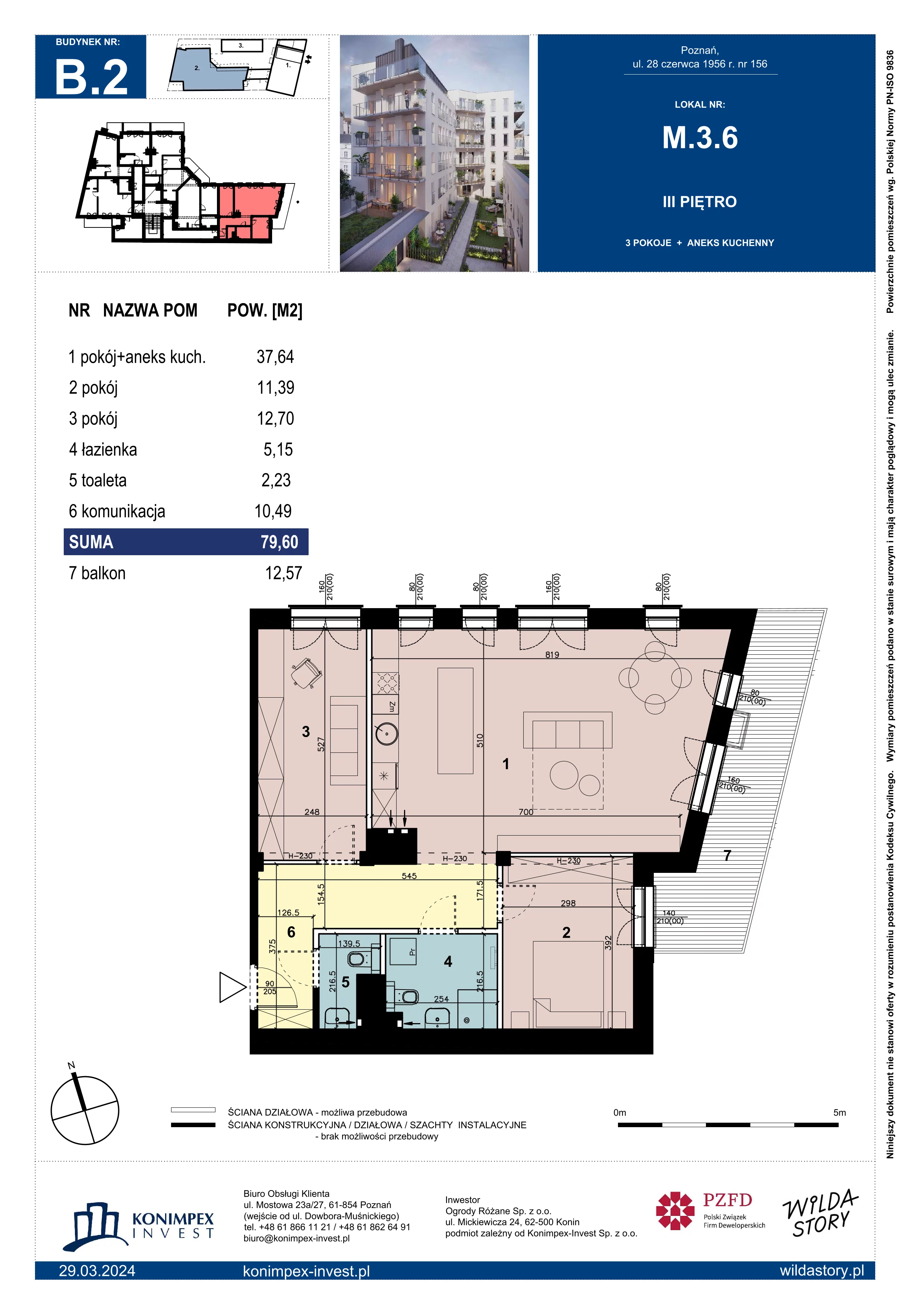 3 pokoje, mieszkanie 79,60 m², piętro 3, oferta nr WS-B2-LM-M.3.6, Wilda Story, Poznań, Wilda, Wilda, ul. 28 Czerwca 1956 r. 156