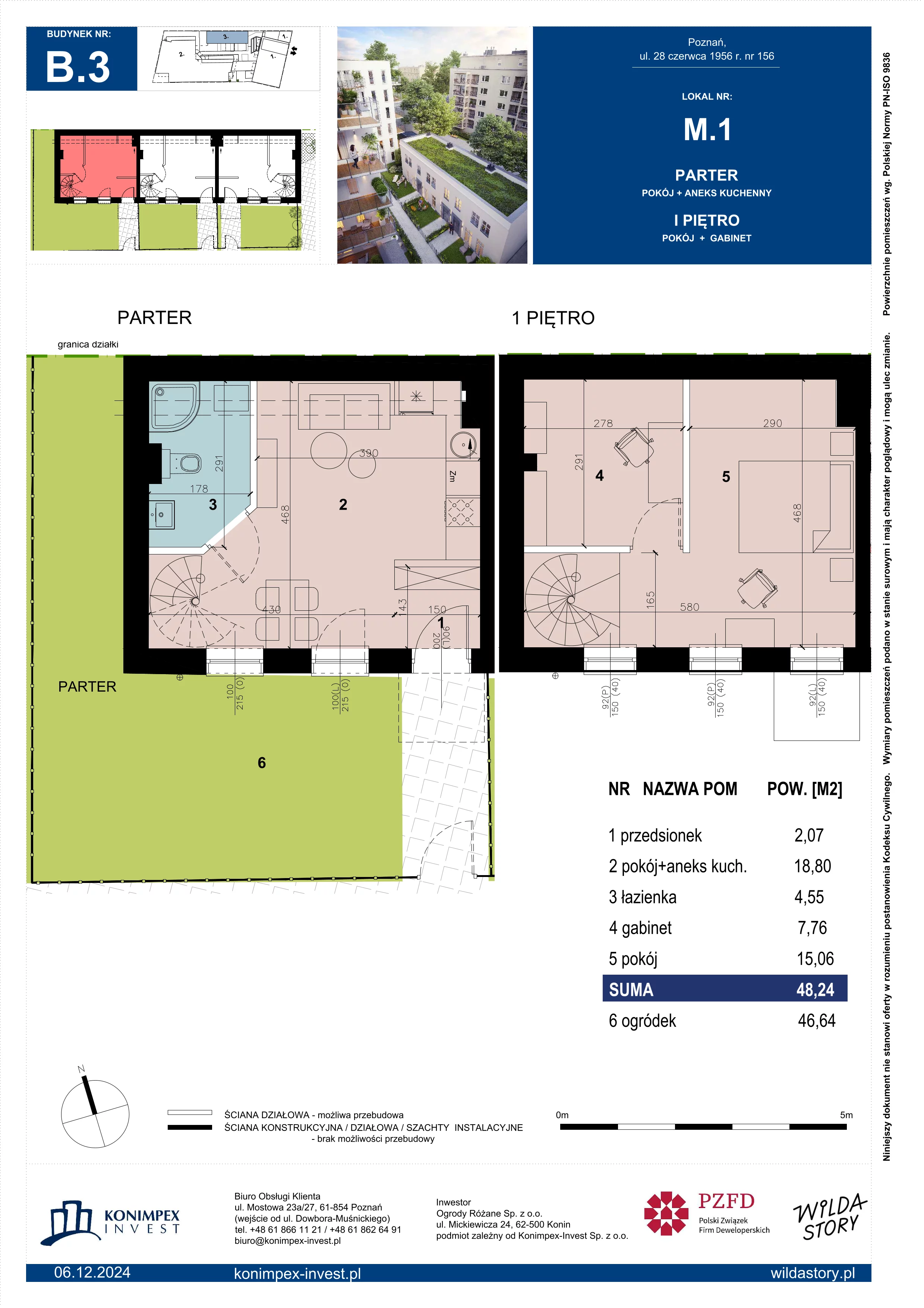 3 pokoje, mieszkanie 48,24 m², parter, oferta nr WS-B3-LM-M.1, Wilda Story, Poznań, Wilda, Wilda, ul. 28 Czerwca 1956 r. 156