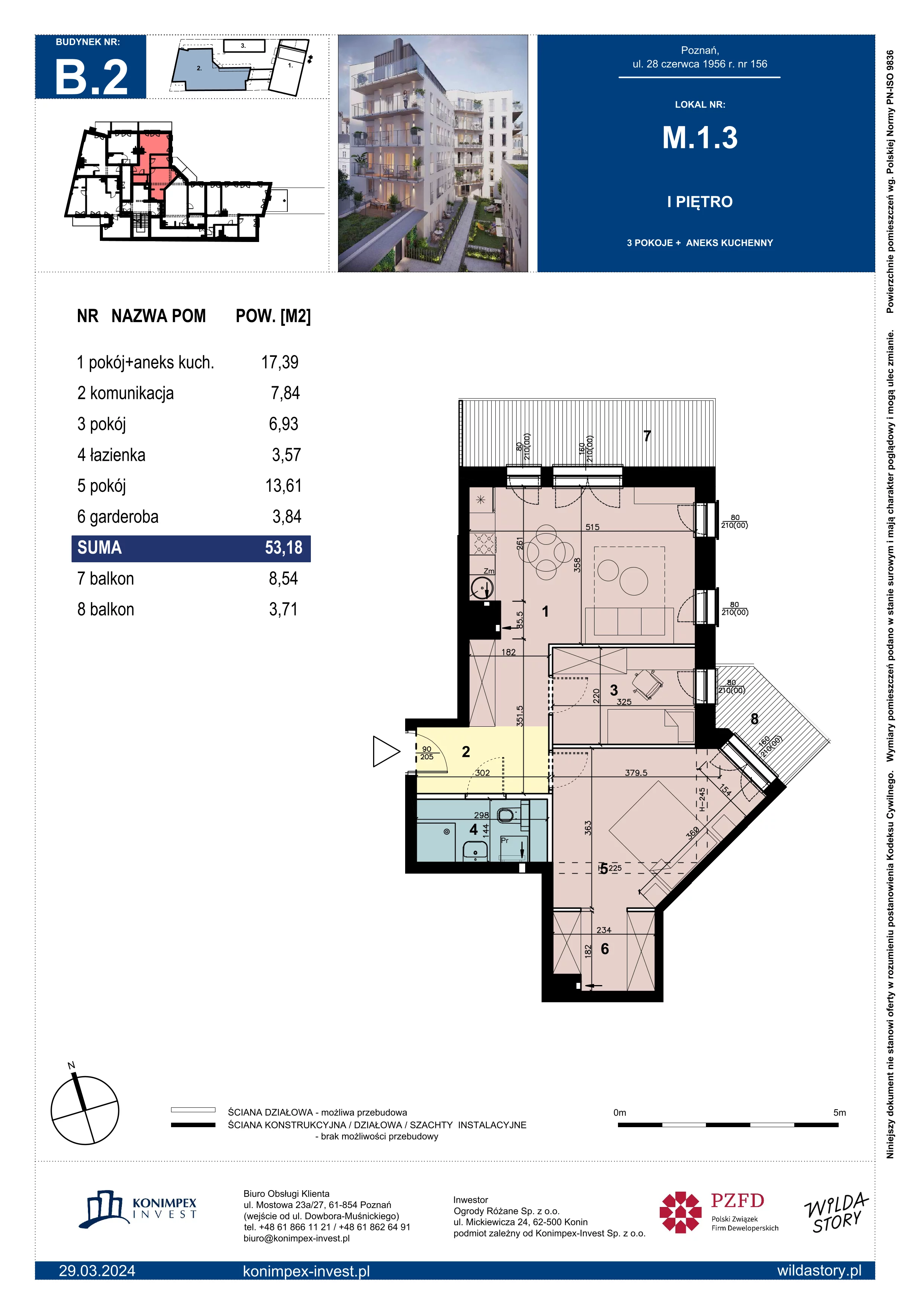 3 pokoje, mieszkanie 53,18 m², piętro 1, oferta nr WS-B2-LM-M.1.3, Wilda Story, Poznań, Wilda, Wilda, ul. 28 Czerwca 1956 r. 156