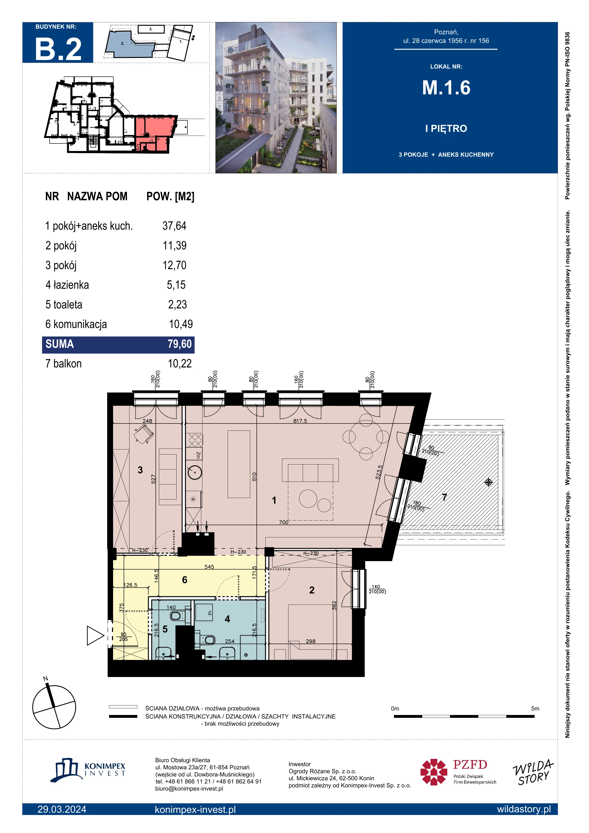 3 pokoje, mieszkanie 79,60 m², piętro 1, oferta nr WS-B2-LM-M.1.6, Wilda Story, Poznań, Wilda, Wilda, ul. 28 Czerwca 1956 r. 156