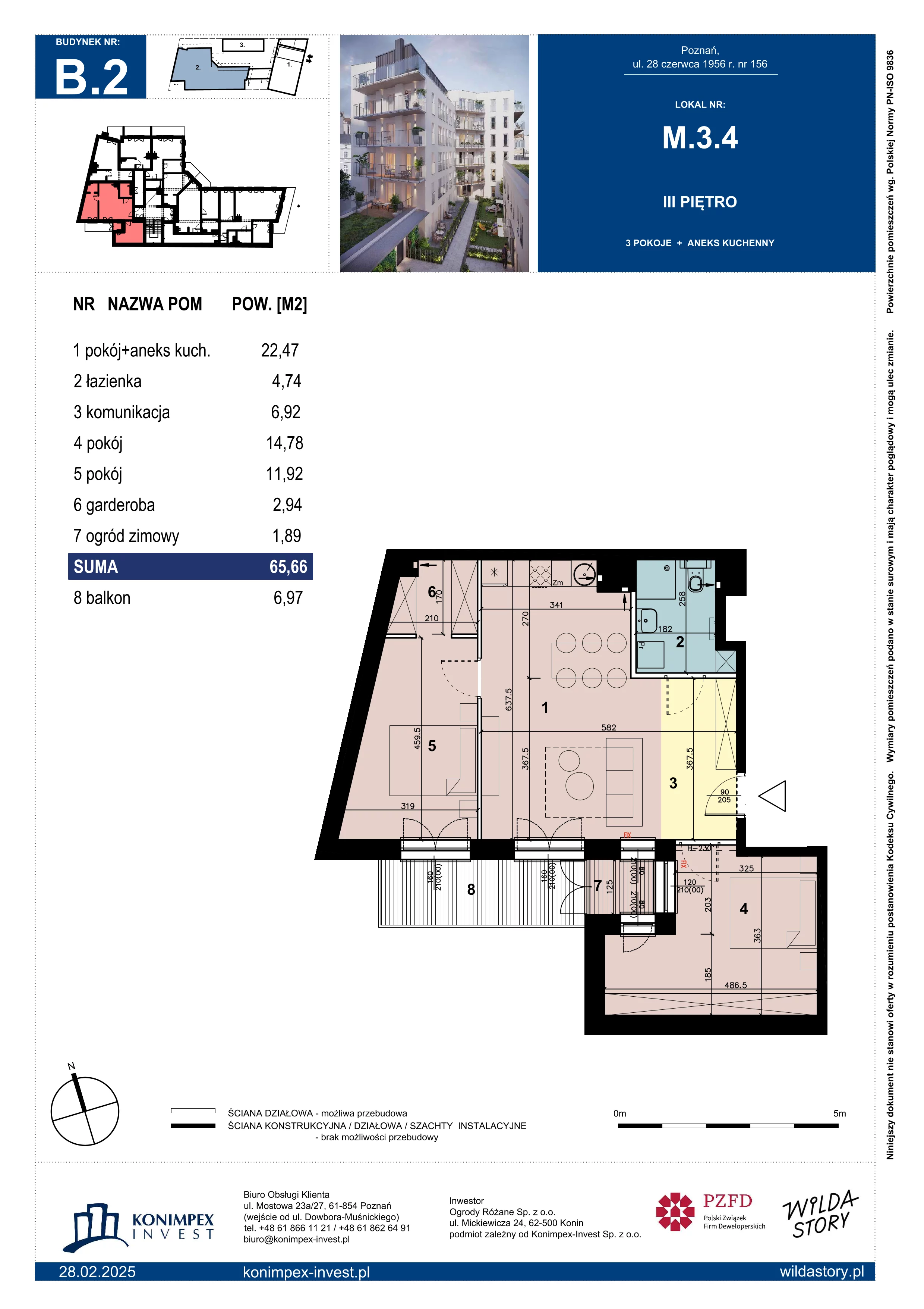 3 pokoje, mieszkanie 65,66 m², piętro 3, oferta nr WS-B2-LM-M.3.4, Wilda Story, Poznań, Wilda, Wilda, ul. 28 Czerwca 1956 r. 156
