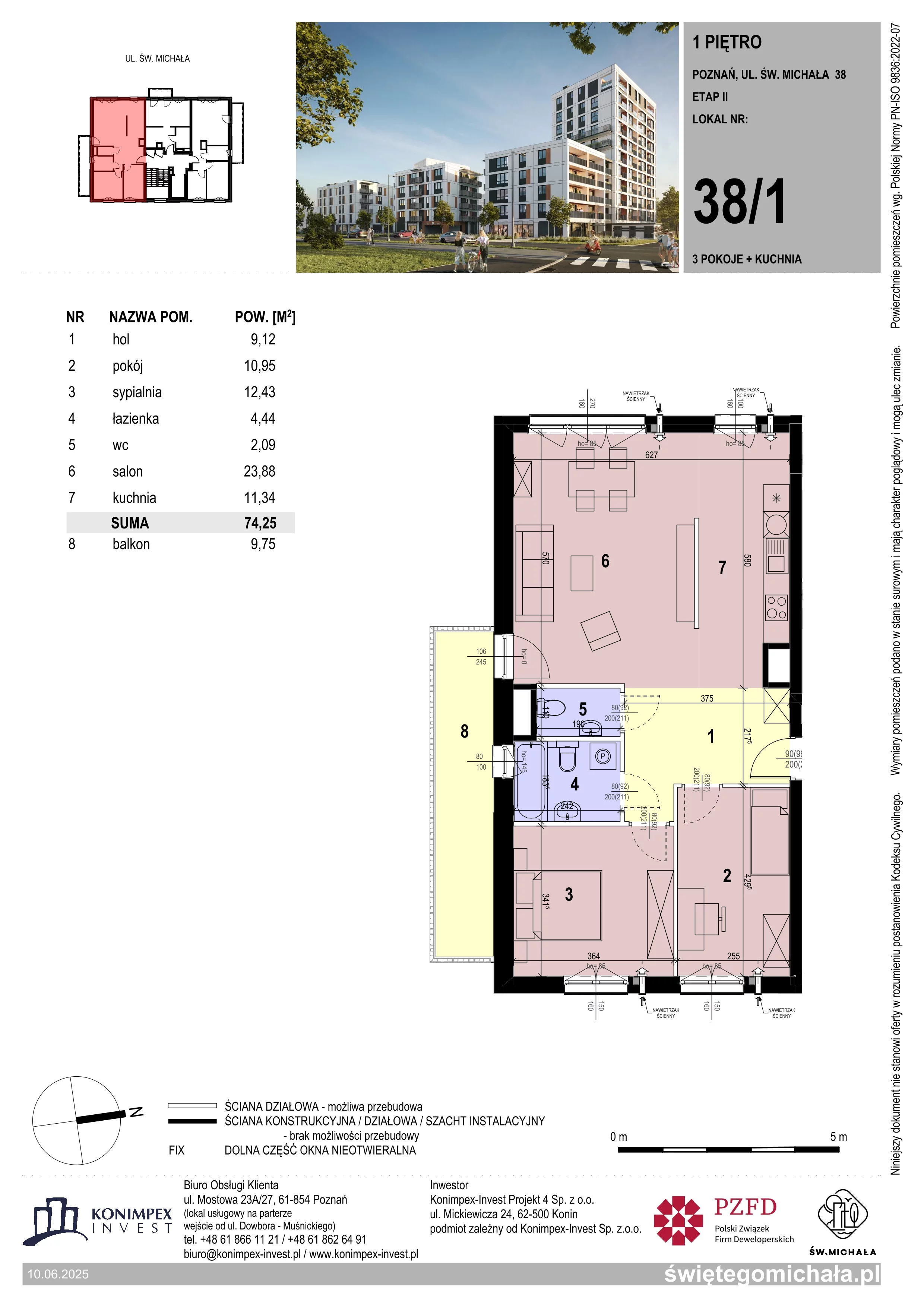 3 pokoje, mieszkanie 74,25 m², piętro 1, oferta nr SM2-B-LM-38_01, Świętego Michała, Poznań, Ostrów Tumski-Śródka-Zawady-Komandoria, Śródka, ul. Świętego Michała 34, 36, 38, 40