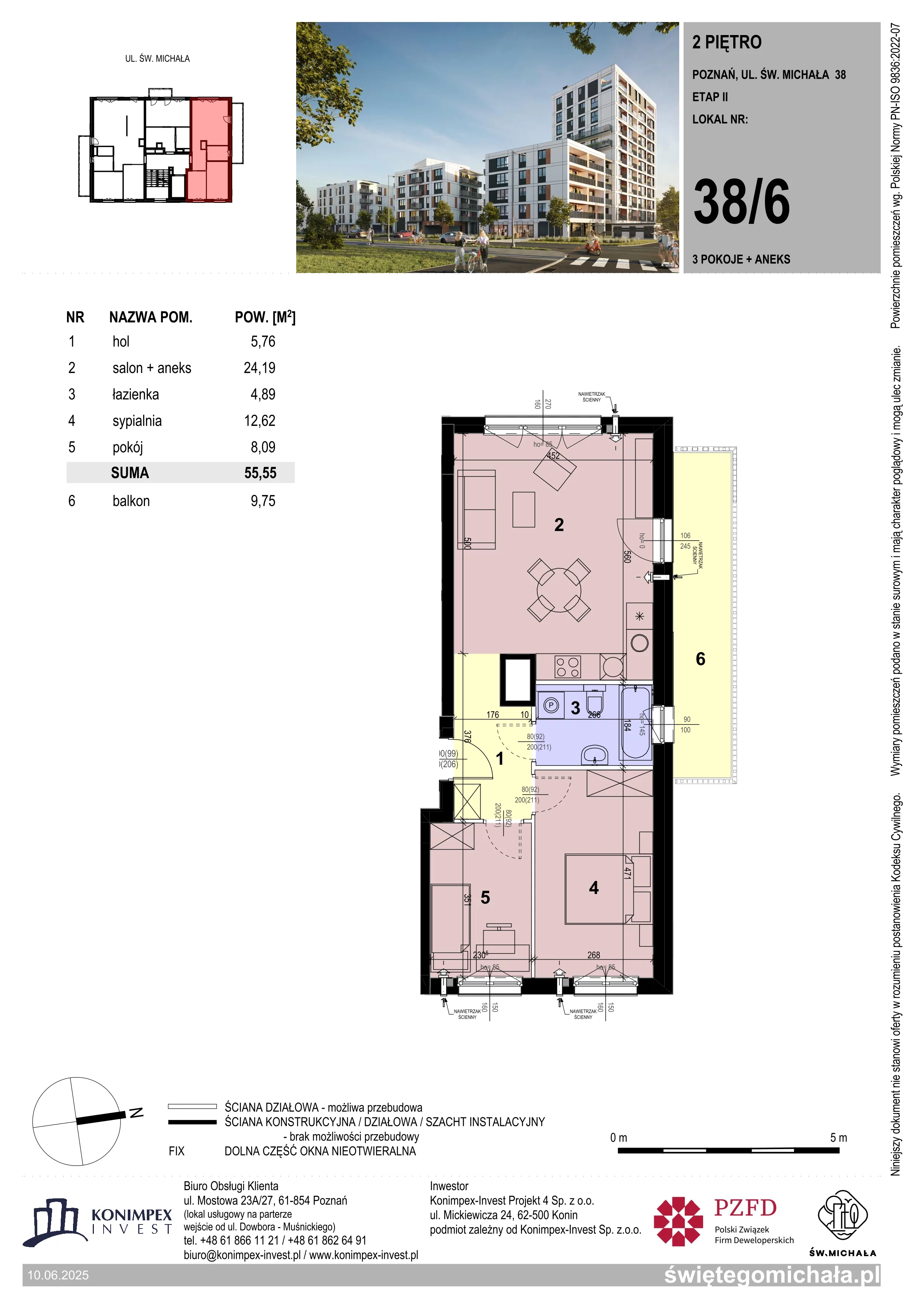 3 pokoje, mieszkanie 55,55 m², piętro 2, oferta nr SM2-B-LM-38_06, Świętego Michała, Poznań, Ostrów Tumski-Śródka-Zawady-Komandoria, Śródka, ul. Świętego Michała 34, 36, 38, 40