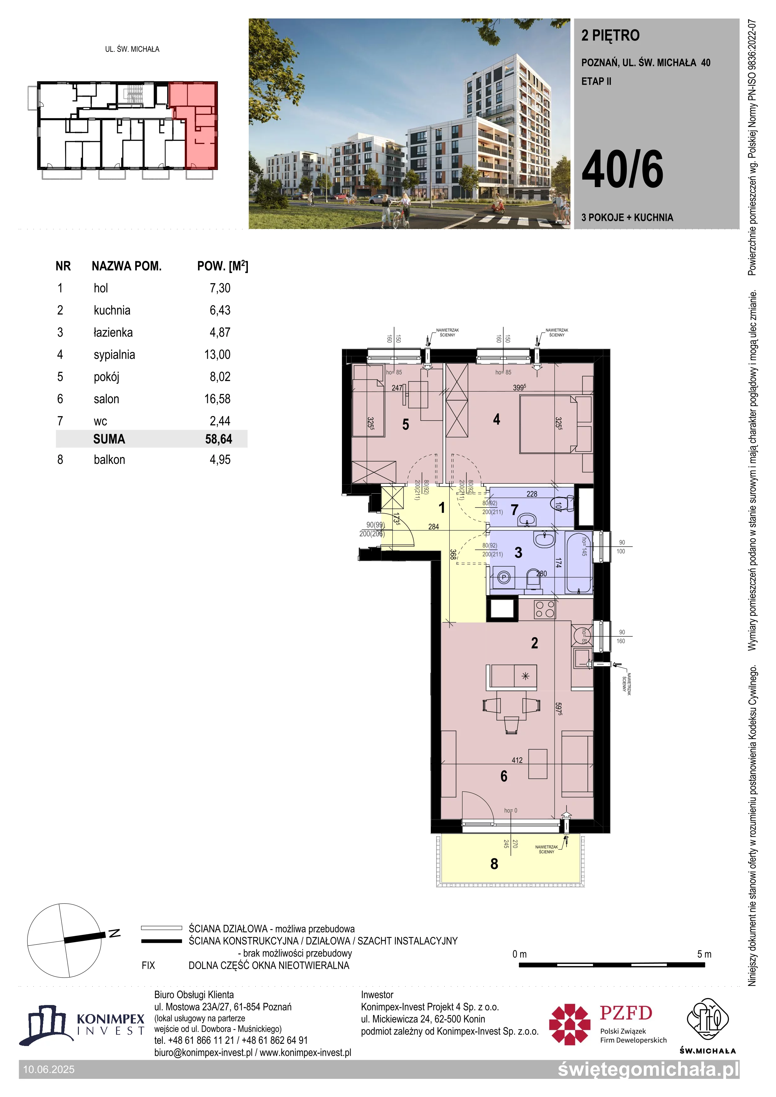 3 pokoje, mieszkanie 58,64 m², piętro 2, oferta nr SM2-C-LM-40_06, Świętego Michała, Poznań, Ostrów Tumski-Śródka-Zawady-Komandoria, Śródka, ul. Świętego Michała 34, 36, 38, 40