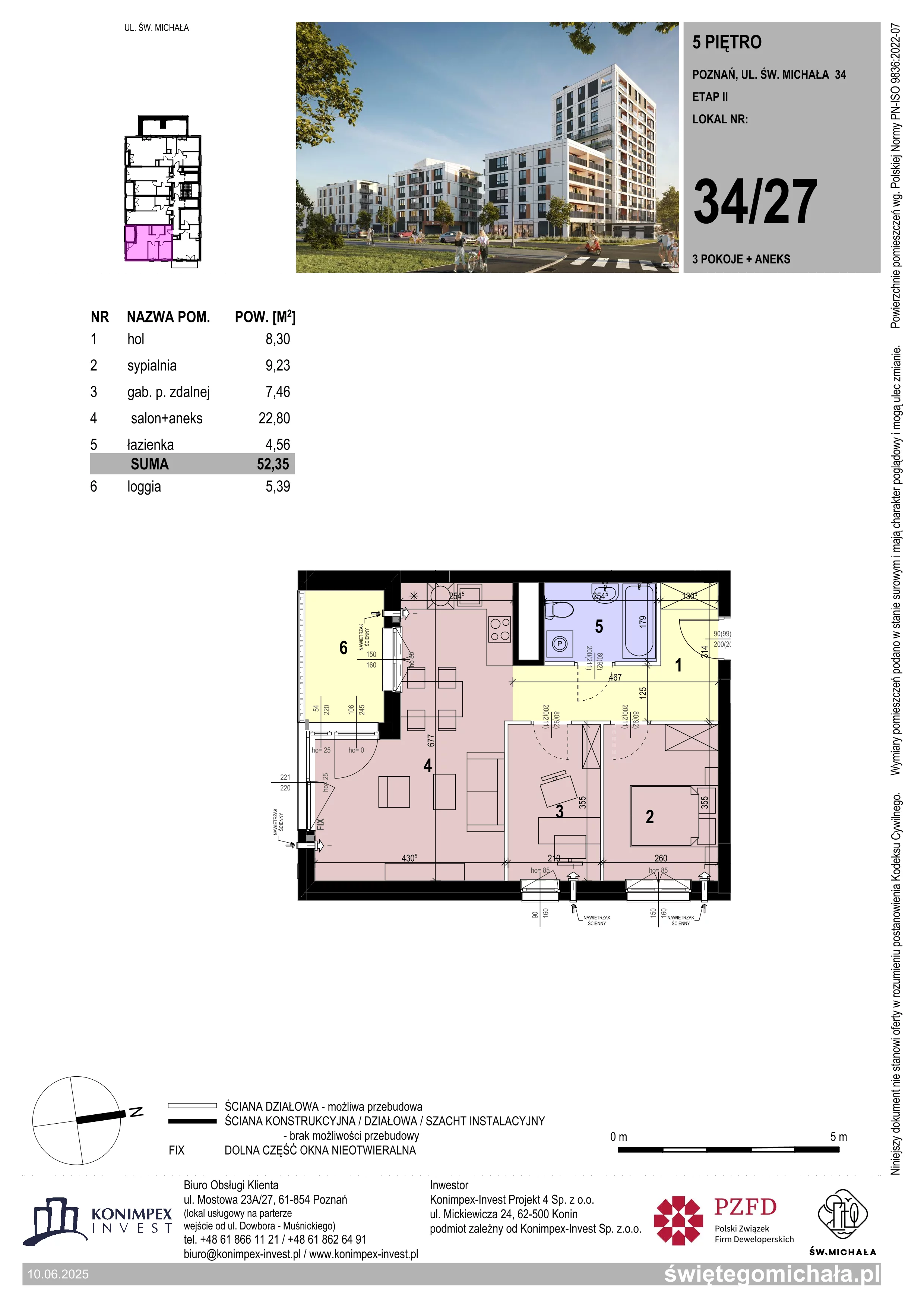 3 pokoje, mieszkanie 52,35 m², piętro 5, oferta nr SM2-A1-LM-34_27, Świętego Michała, Poznań, Ostrów Tumski-Śródka-Zawady-Komandoria, Śródka, ul. Świętego Michała 34, 36, 38, 40
