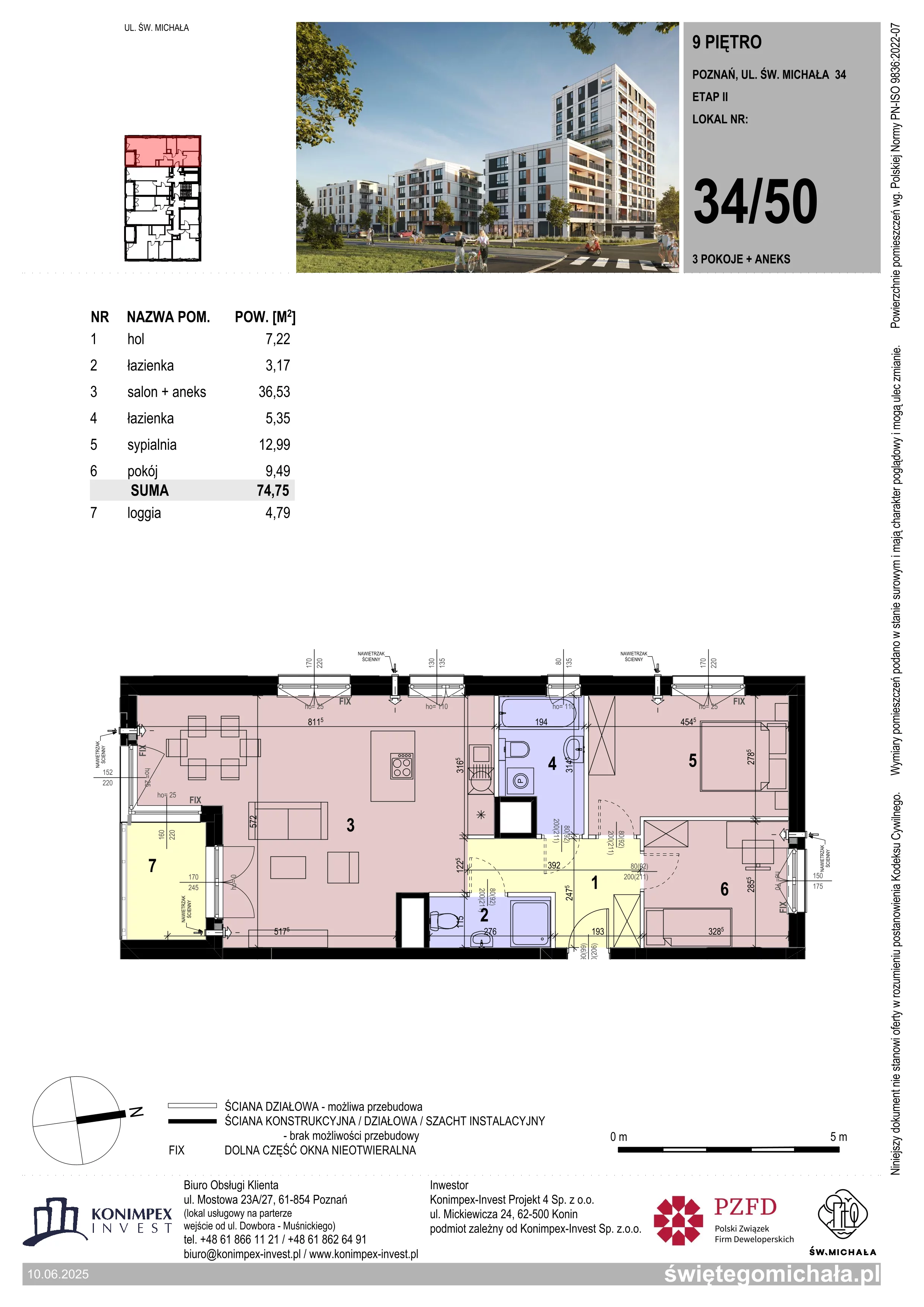 3 pokoje, mieszkanie 74,75 m², piętro 9, oferta nr SM2-A1-LM-34_50, Świętego Michała, Poznań, Ostrów Tumski-Śródka-Zawady-Komandoria, Śródka, ul. Świętego Michała 34, 36, 38, 40