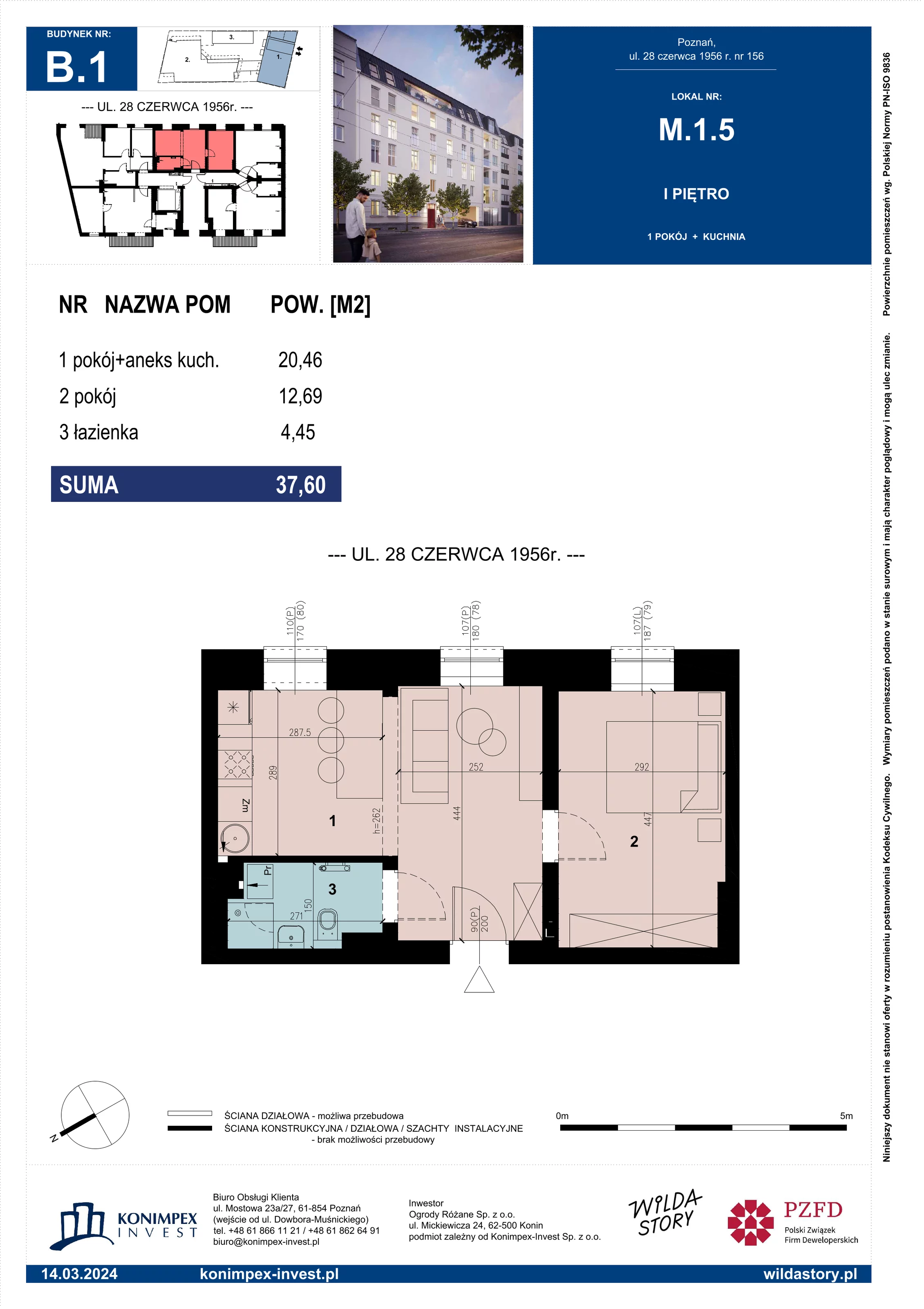 Mieszkanie 37,60 m², piętro 1, oferta nr B1/M/1/5, Wilda Story, Poznań, Wilda, Wilda, ul. 28 Czerwca 1956 r. 156