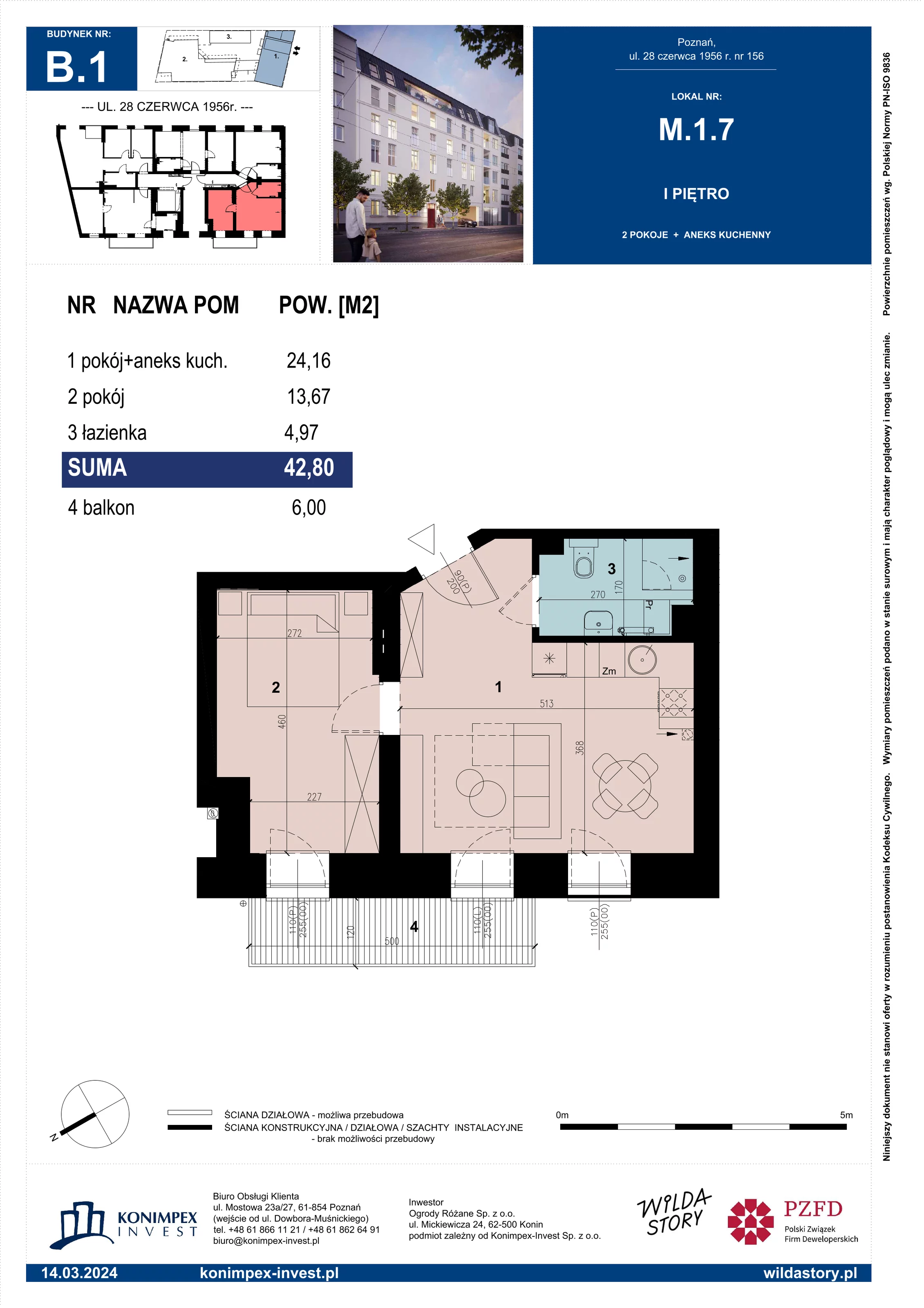 Mieszkanie 42,80 m², piętro 1, oferta nr B1/M/1/7, Wilda Story, Poznań, Wilda, Wilda, ul. 28 Czerwca 1956 r. 156