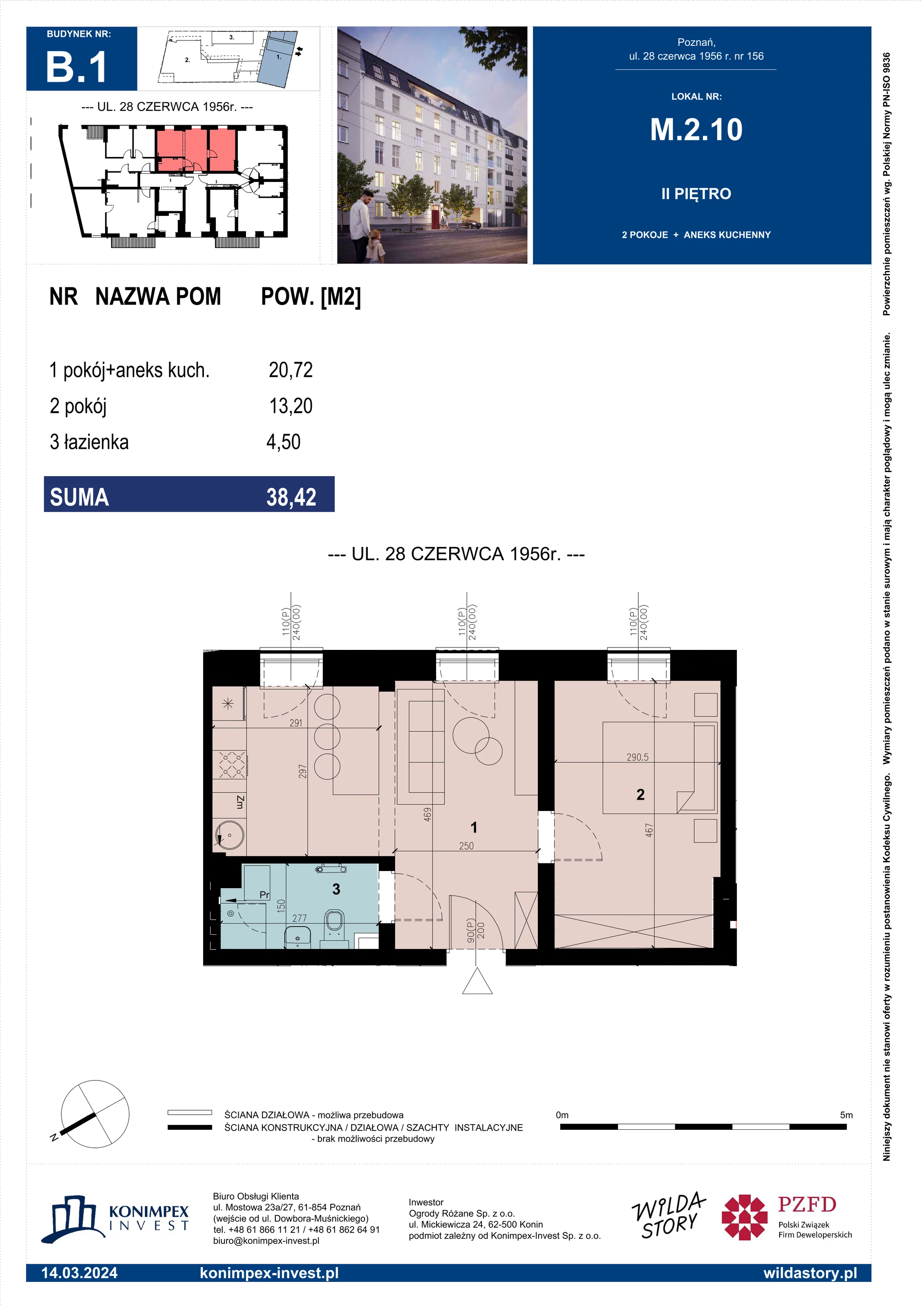 Mieszkanie 38,42 m², piętro 2, oferta nr B1/M/2/10, Wilda Story, Poznań, Wilda, Wilda, ul. 28 Czerwca 1956 r. 156