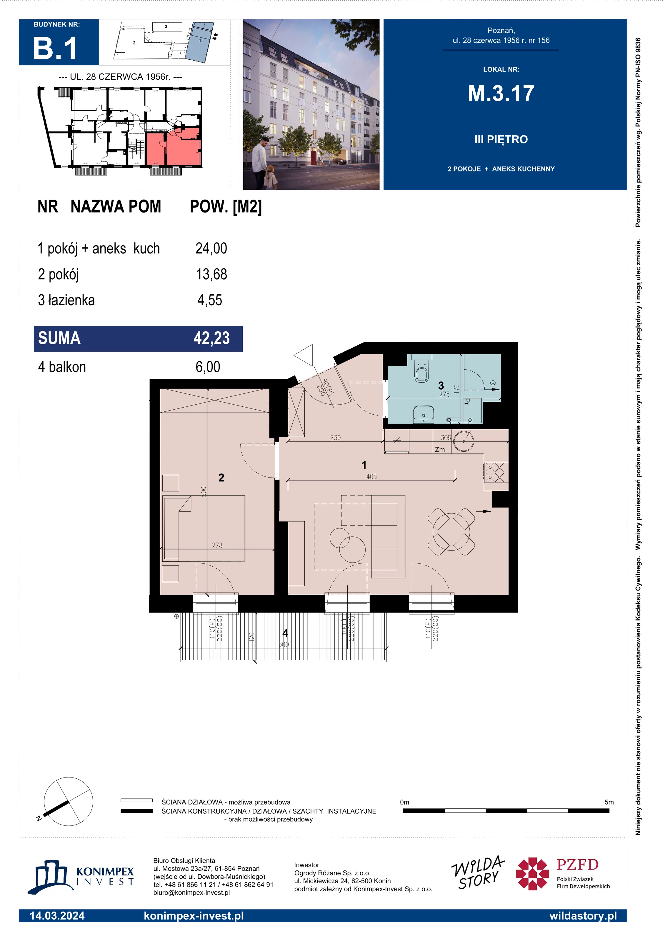 Mieszkanie 42,23 m², piętro 3, oferta nr B1/M/3/17, Wilda Story, Poznań, Wilda, Wilda, ul. 28 Czerwca 1956 r. 156