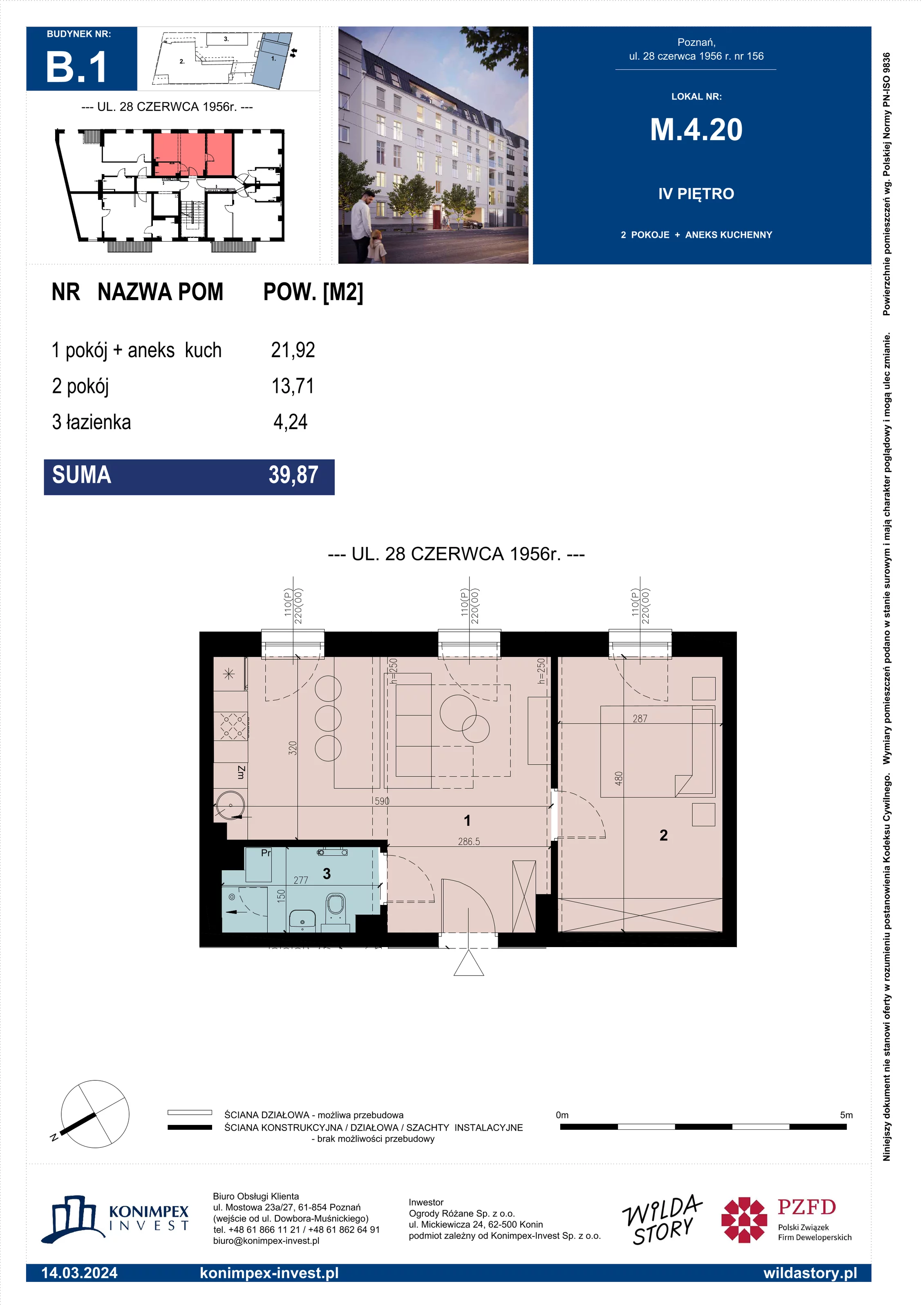 Mieszkanie 39,87 m², piętro 4, oferta nr B1/M/4/20, Wilda Story, Poznań, Wilda, Wilda, ul. 28 Czerwca 1956 r. 156