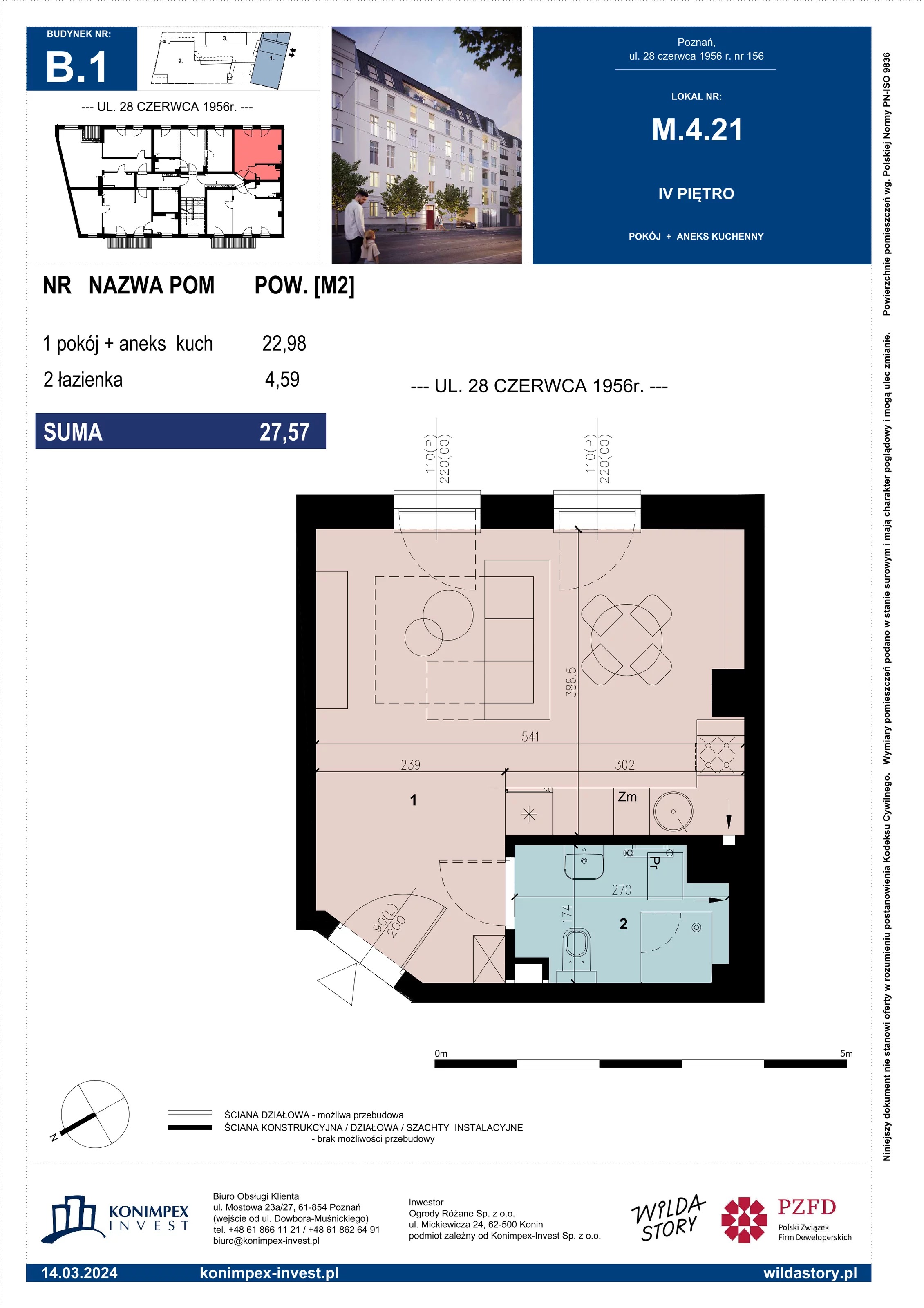 Mieszkanie 27,57 m², piętro 4, oferta nr B1/M/4/21, Wilda Story, Poznań, Wilda, Wilda, ul. 28 Czerwca 1956 r. 156