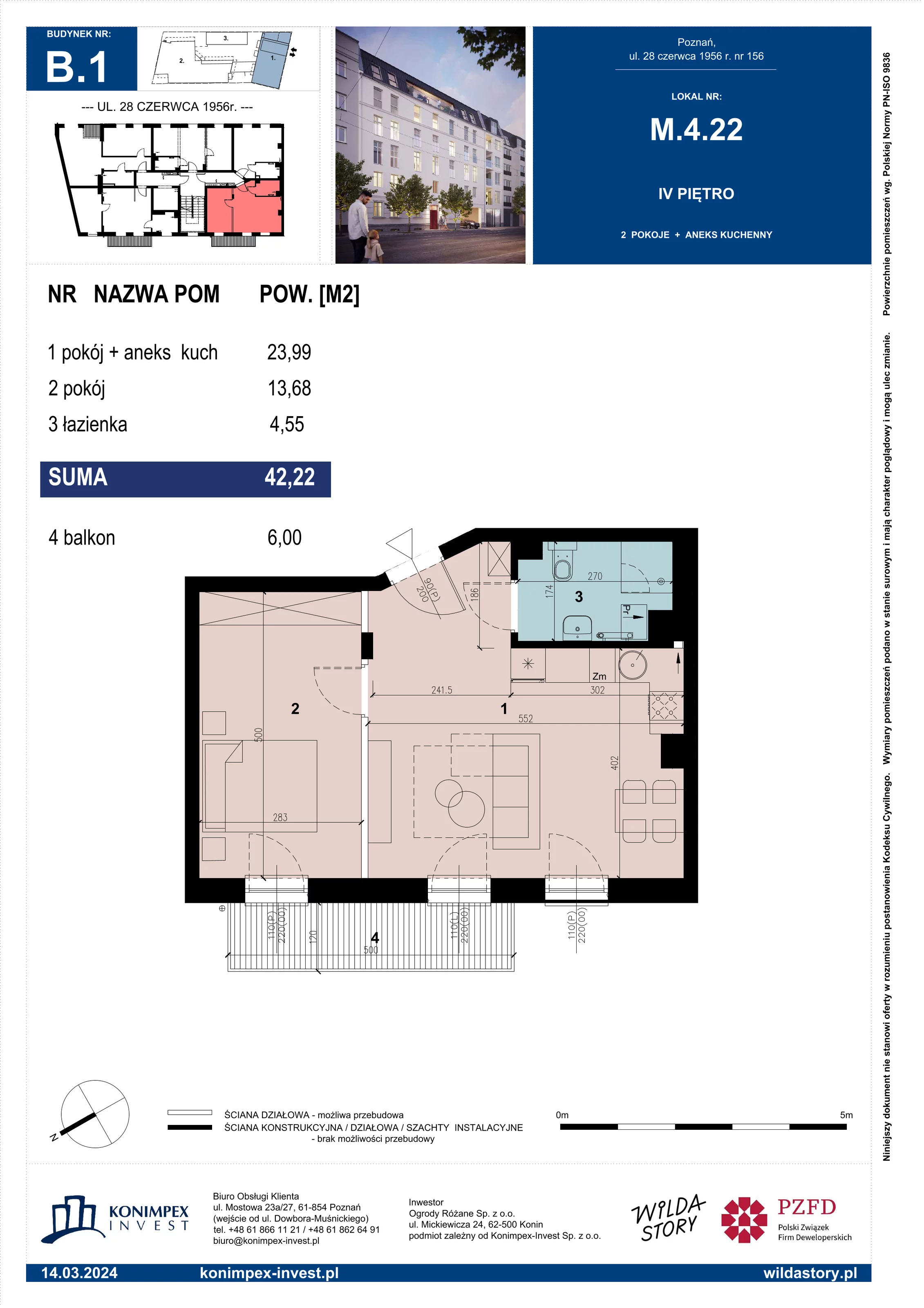 Mieszkanie 42,22 m², piętro 4, oferta nr B1/M/4/22, Wilda Story, Poznań, Wilda, Wilda, ul. 28 Czerwca 1956 r. 156