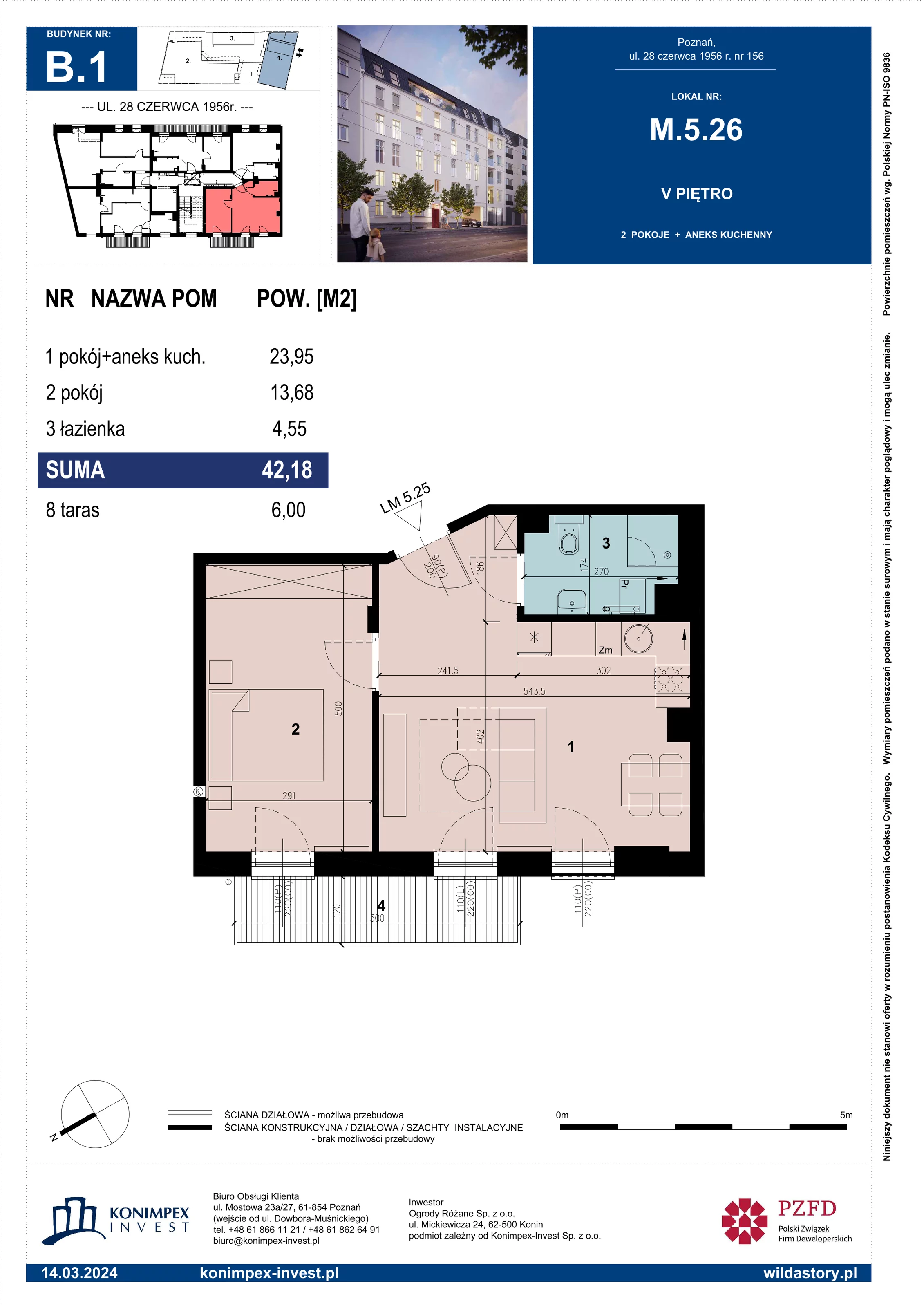 Mieszkanie 42,18 m², piętro 5, oferta nr B1/M/5/26, Wilda Story, Poznań, Wilda, Wilda, ul. 28 Czerwca 1956 r. 156