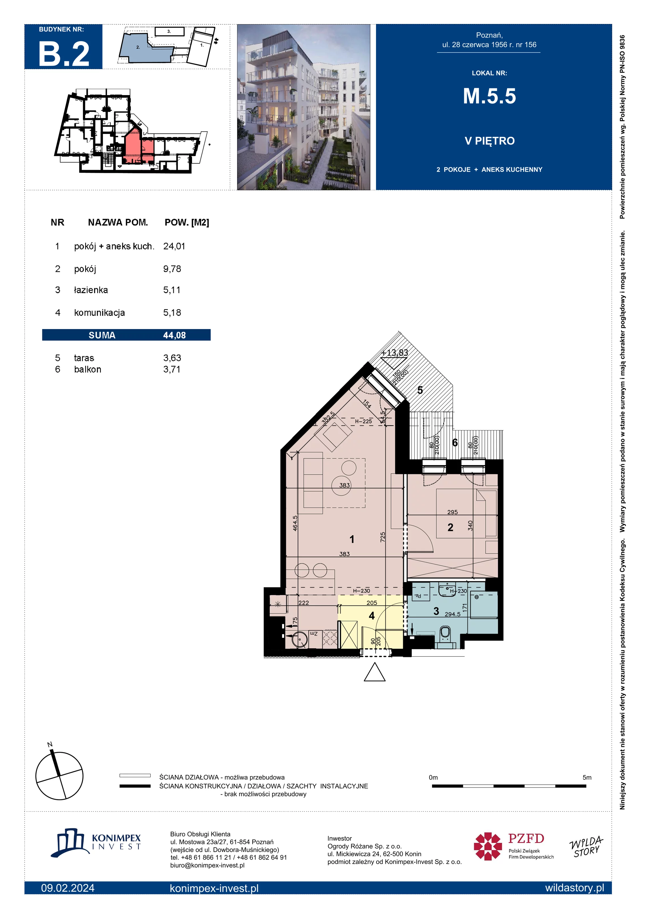 Mieszkanie 44,08 m², piętro 5, oferta nr B2/M/5/5, Wilda Story, Poznań, Wilda, Wilda, ul. 28 Czerwca 1956 r. 156