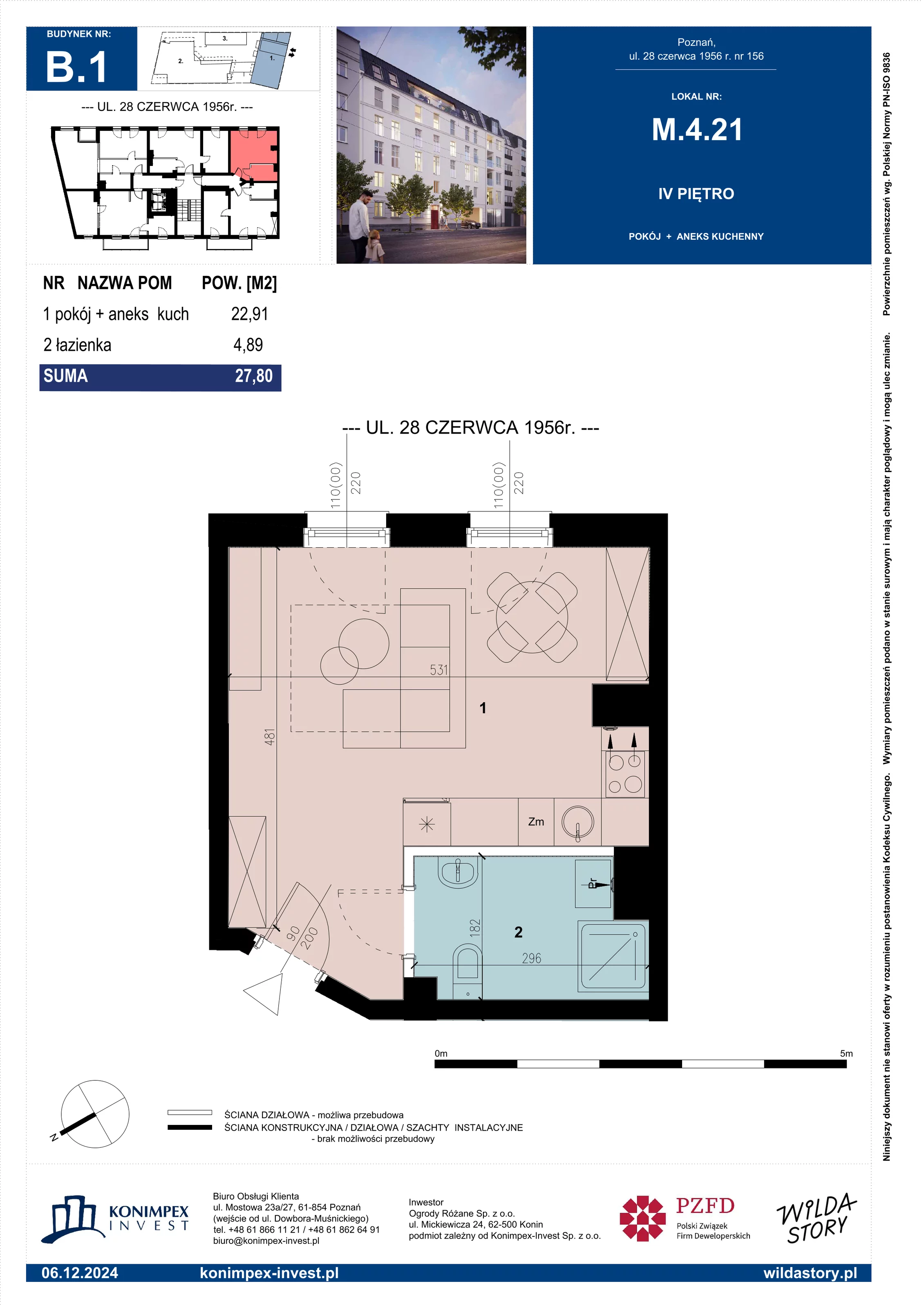 1 pokój, mieszkanie 27,80 m², piętro 4, oferta nr B1/M/4/21, Wilda Story, Poznań, Wilda, Wilda, ul. 28 Czerwca 1956 r. 156