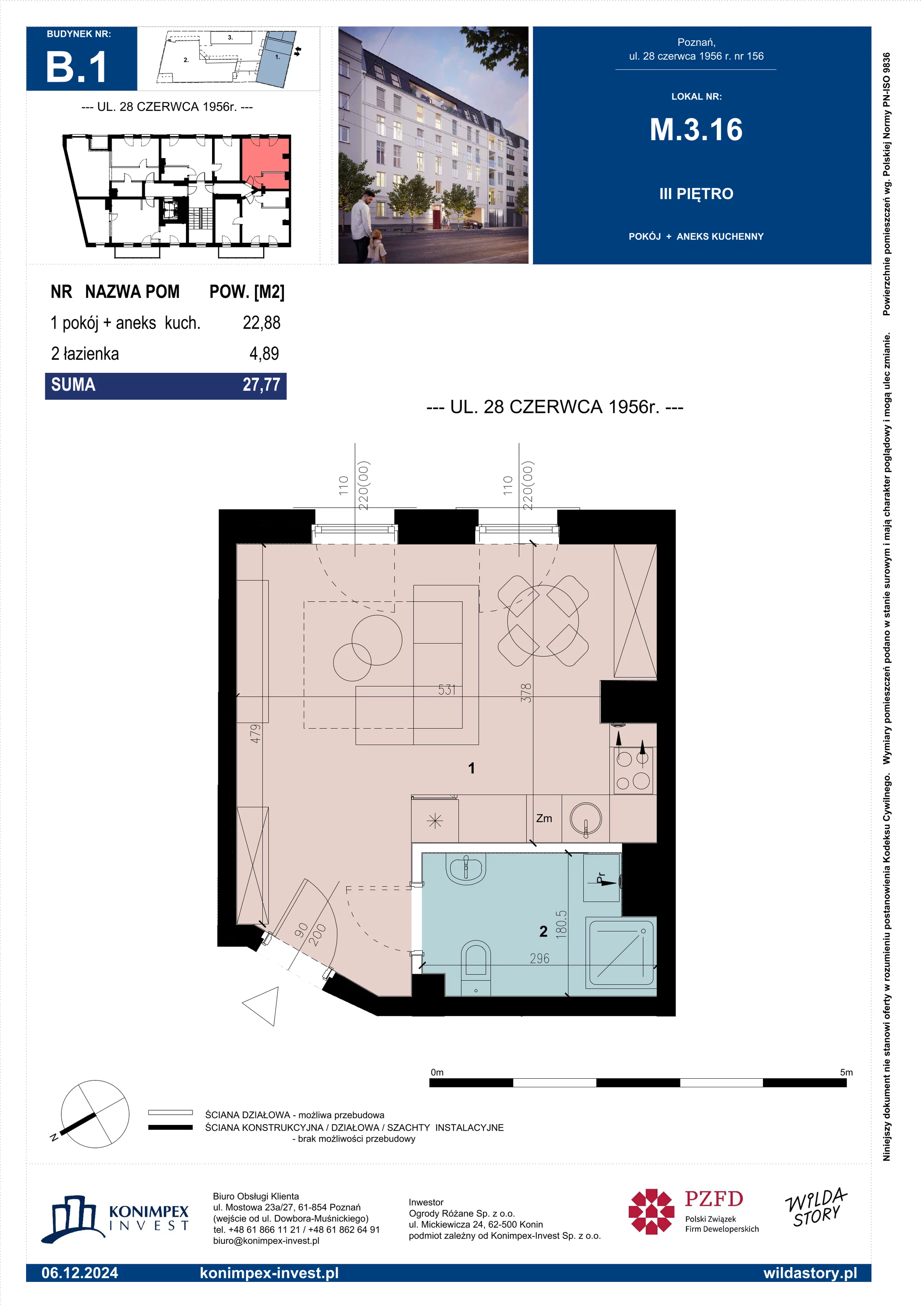 1 pokój, mieszkanie 27,77 m², piętro 3, oferta nr B1/M/3/16, Wilda Story, Poznań, Wilda, Wilda, ul. 28 Czerwca 1956 r. 156