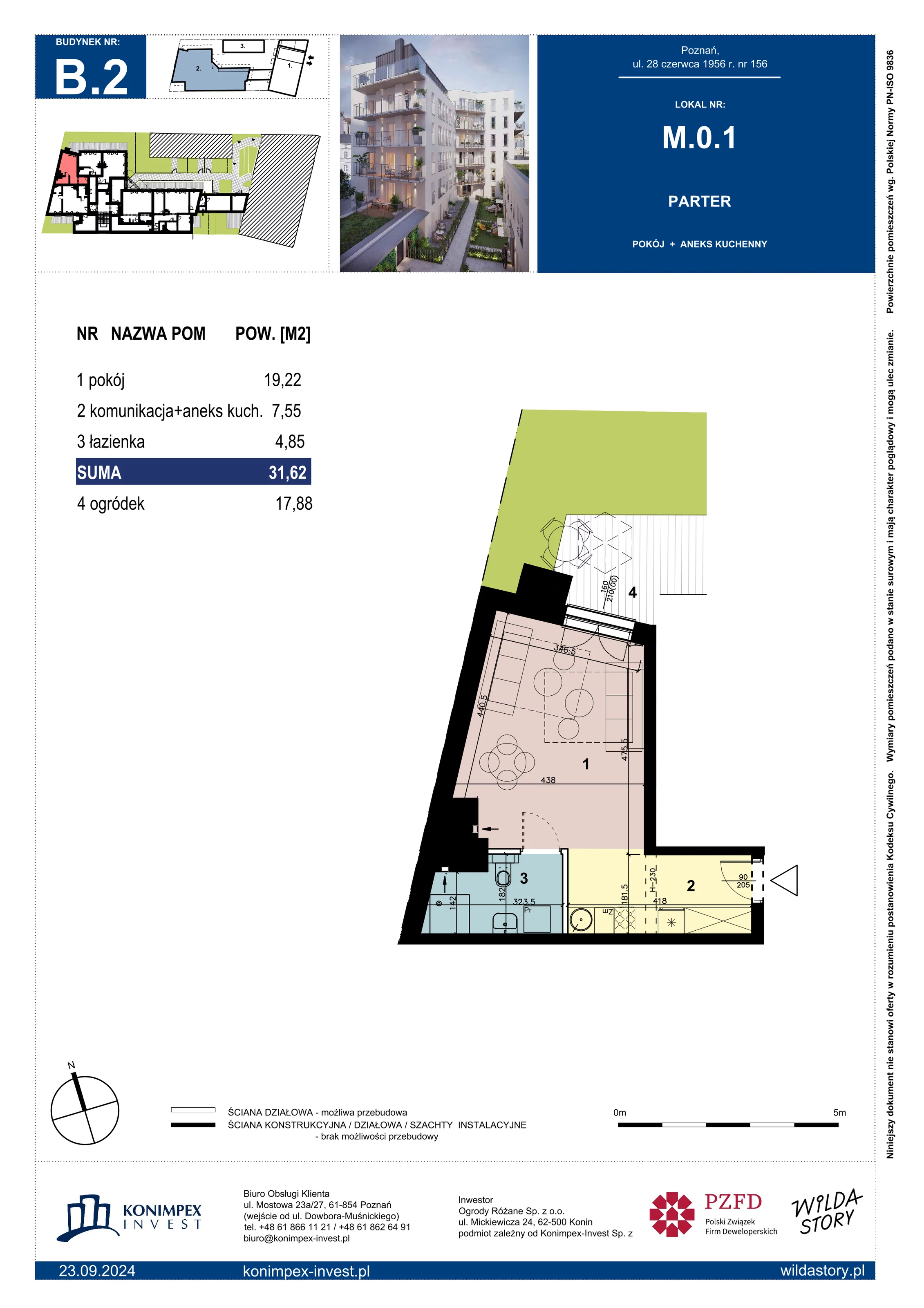 1 pokój, mieszkanie 31,62 m², parter, oferta nr B2/M/0/1, Wilda Story, Poznań, Wilda, Wilda, ul. 28 Czerwca 1956 r. 156