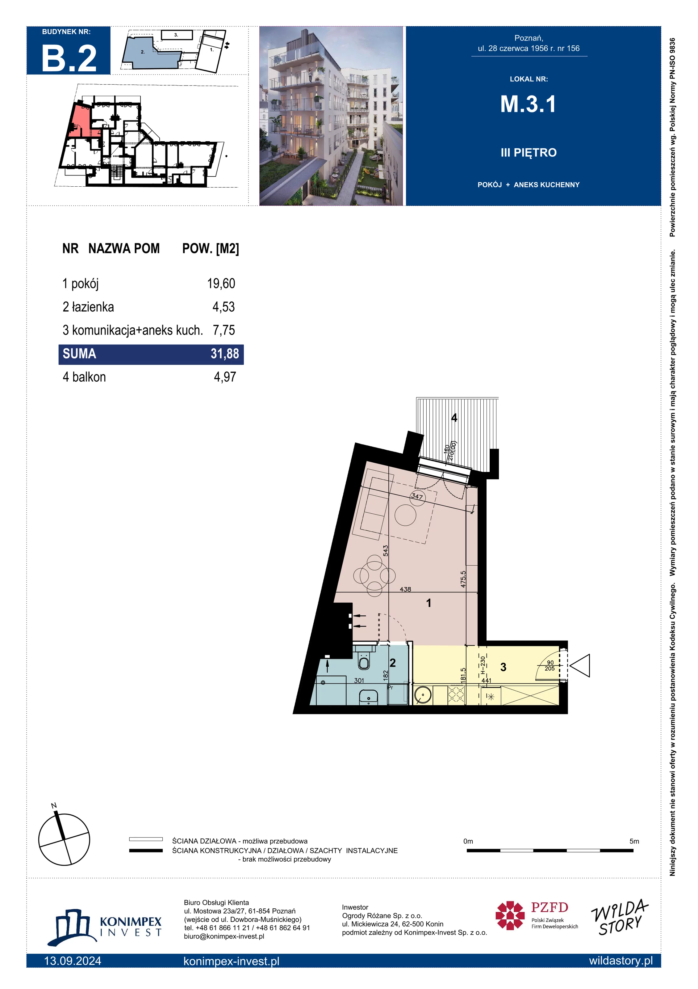 1 pokój, mieszkanie 31,88 m², piętro 3, oferta nr B2/M/3/1, Wilda Story, Poznań, Wilda, Wilda, ul. 28 Czerwca 1956 r. 156