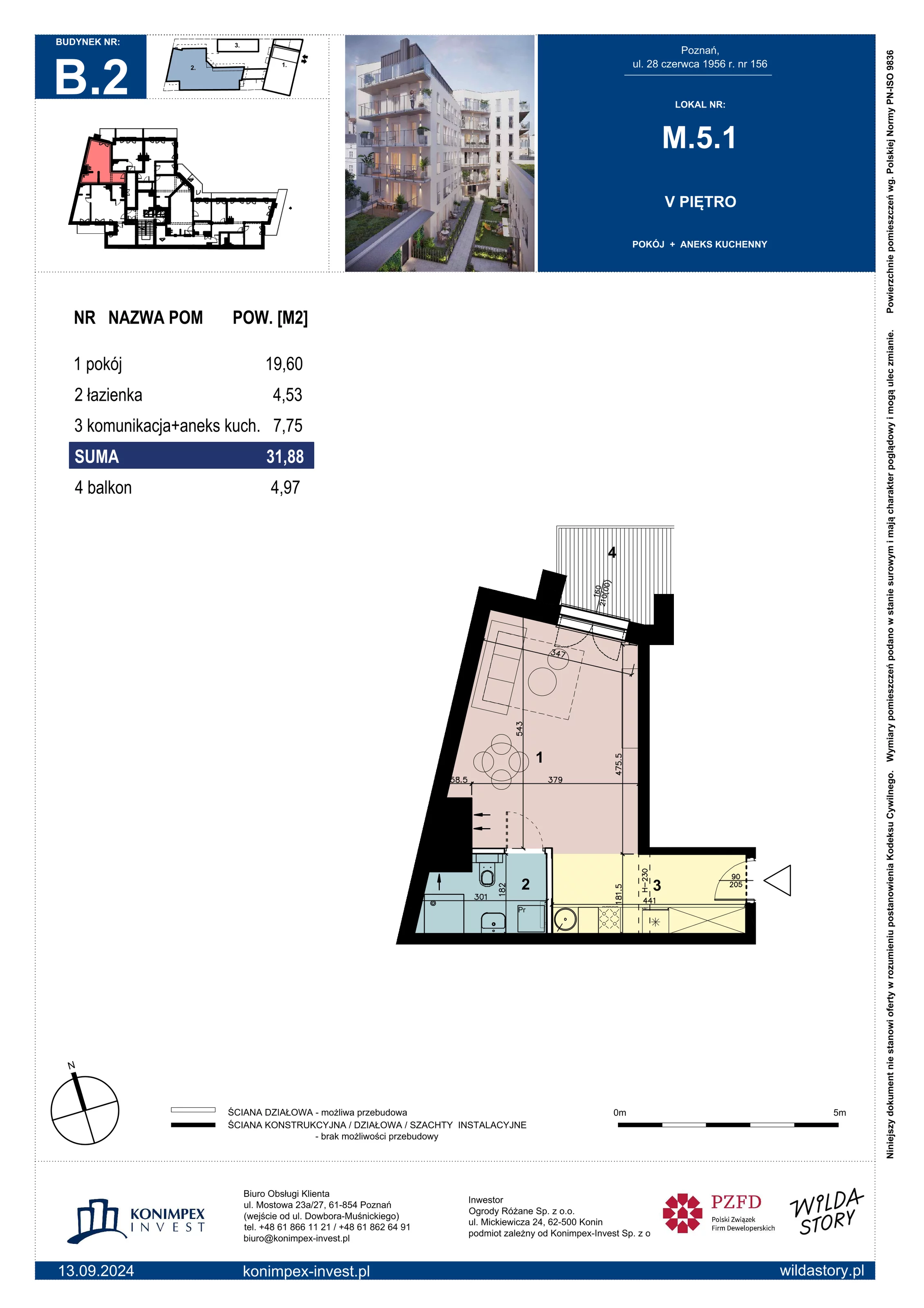 1 pokój, mieszkanie 31,88 m², piętro 5, oferta nr B2/M/5/1, Wilda Story, Poznań, Wilda, Wilda, ul. 28 Czerwca 1956 r. 156