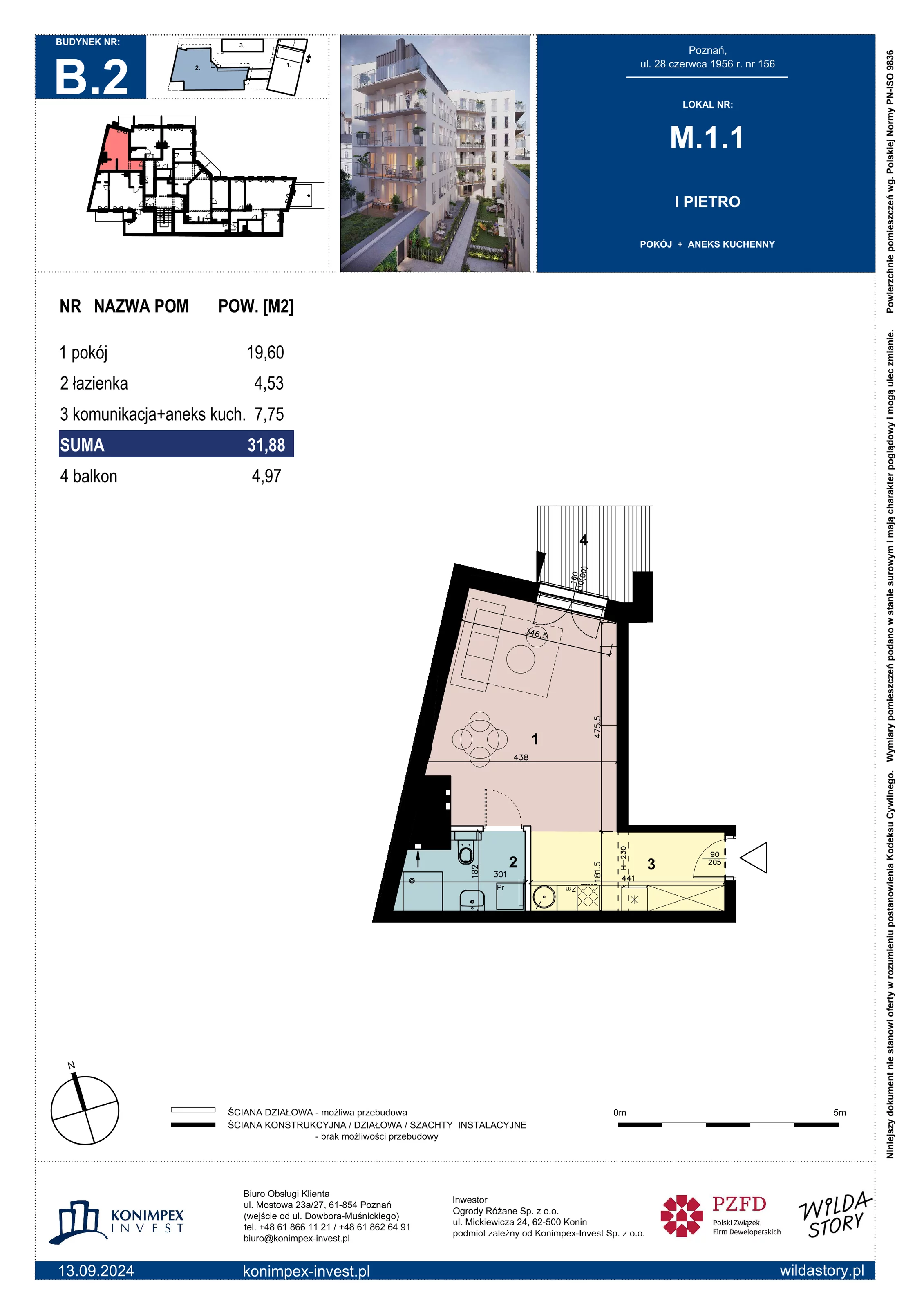 1 pokój, mieszkanie 31,88 m², piętro 1, oferta nr B2/M/1/1, Wilda Story, Poznań, Wilda, Wilda, ul. 28 Czerwca 1956 r. 156