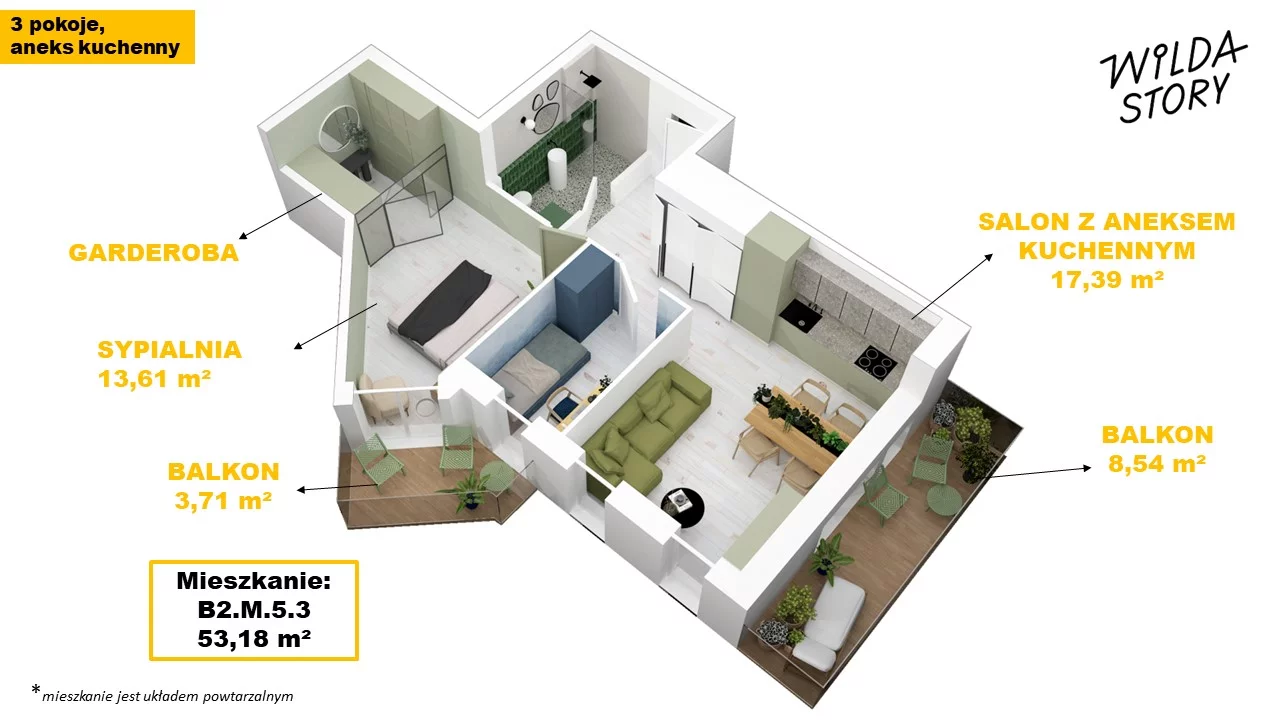 Apartament 53,18 m², piętro 5, oferta nr B2/M/5/3, Wilda Story, Poznań, Wilda, Wilda, ul. 28 Czerwca 1956 r. 156